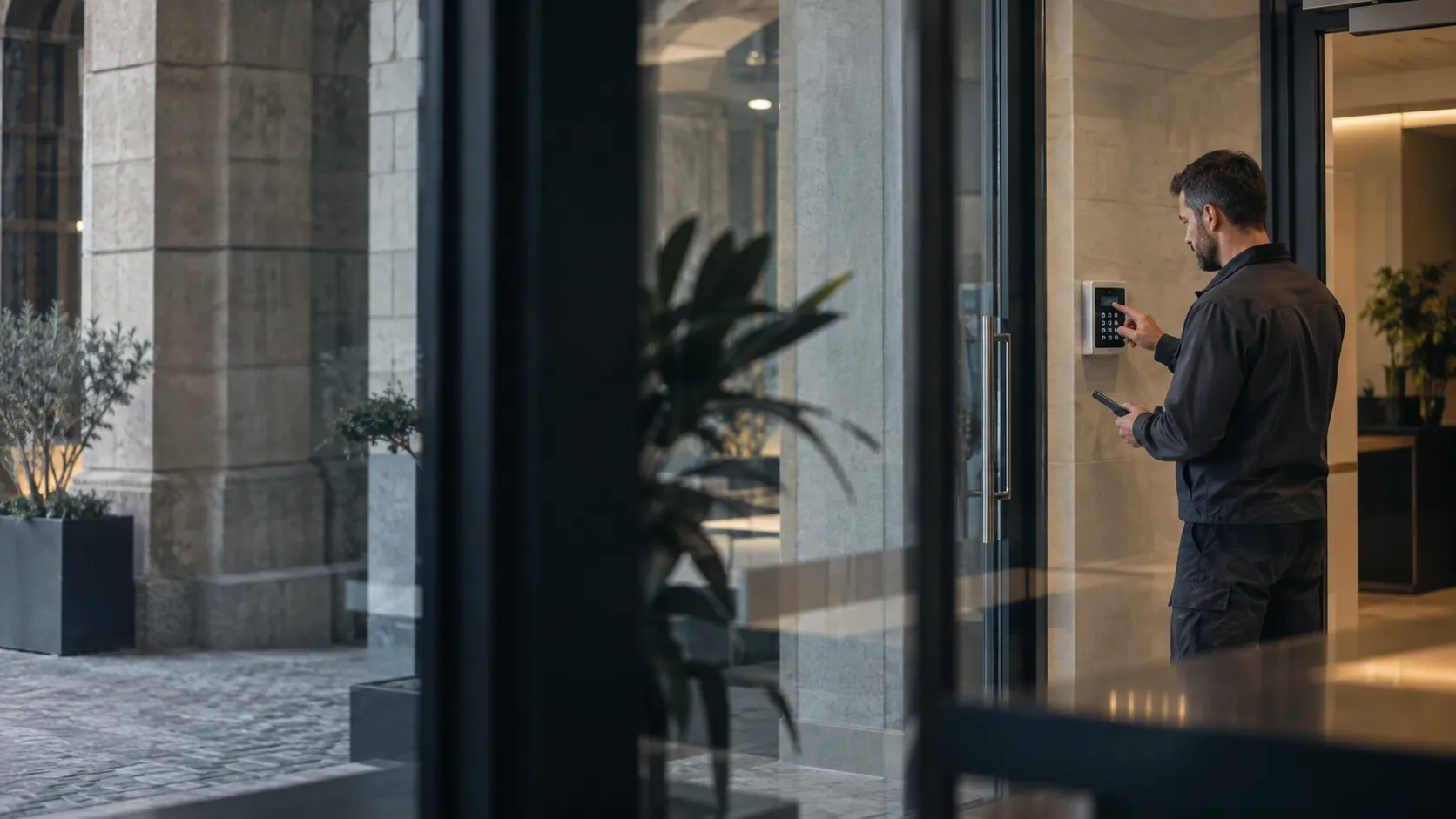 Engineer testing an intruder-alarm keypad mounted beside a commercial staff doorway in a converted European commercial building with stone reveals