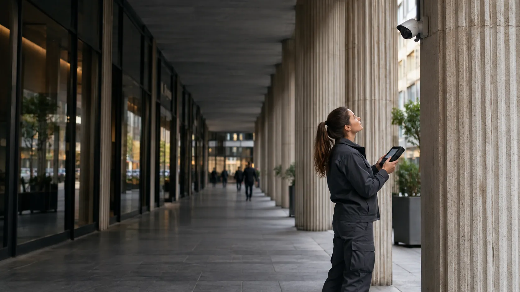 Engineer inspecting a realistically mounted compact security camera from floor level with a handheld test monitor in a urban commercial arcade with ribbed concrete