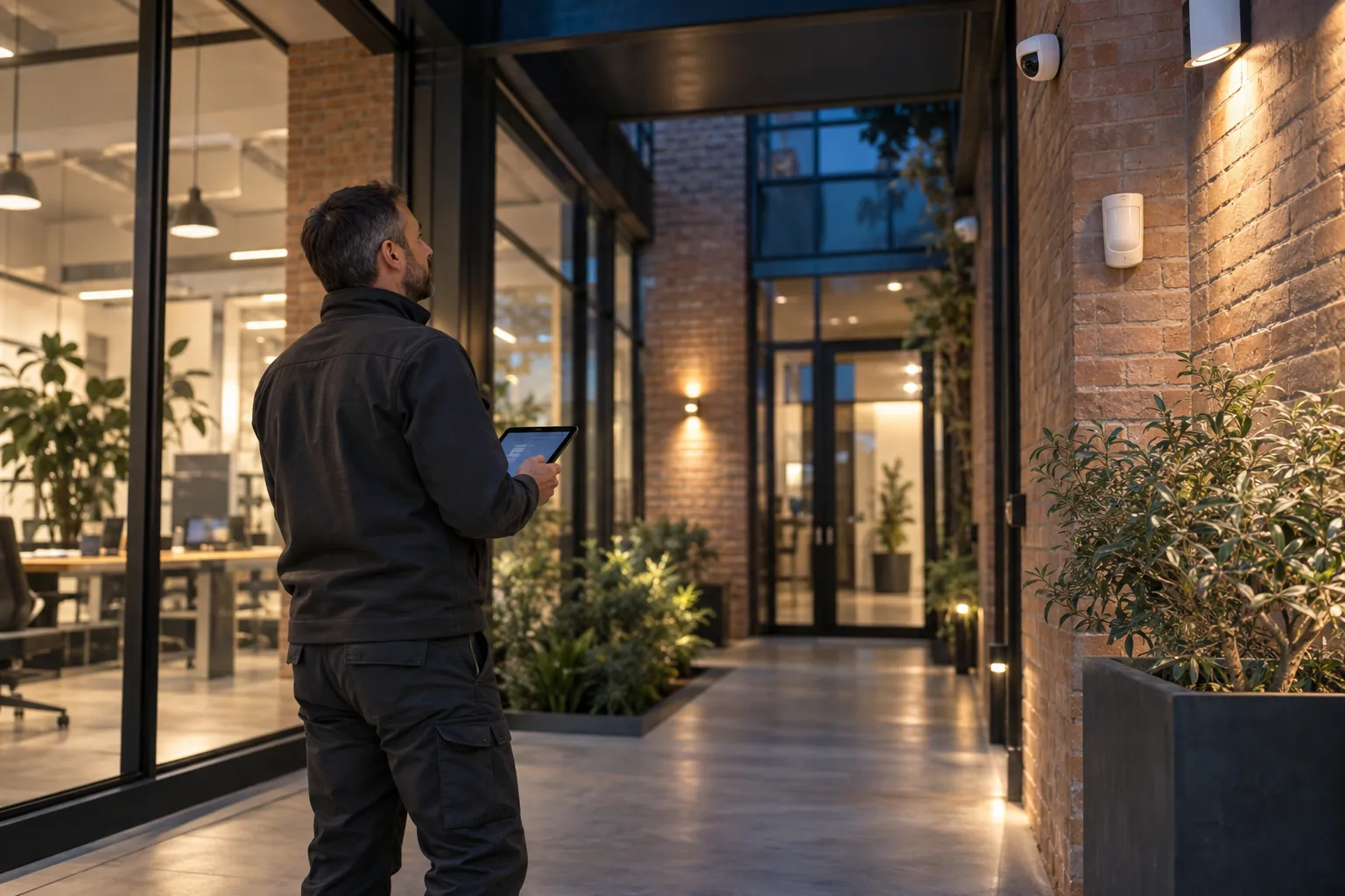 A technician surveying a commercial corridor with a wireless tablet in a commercial environment