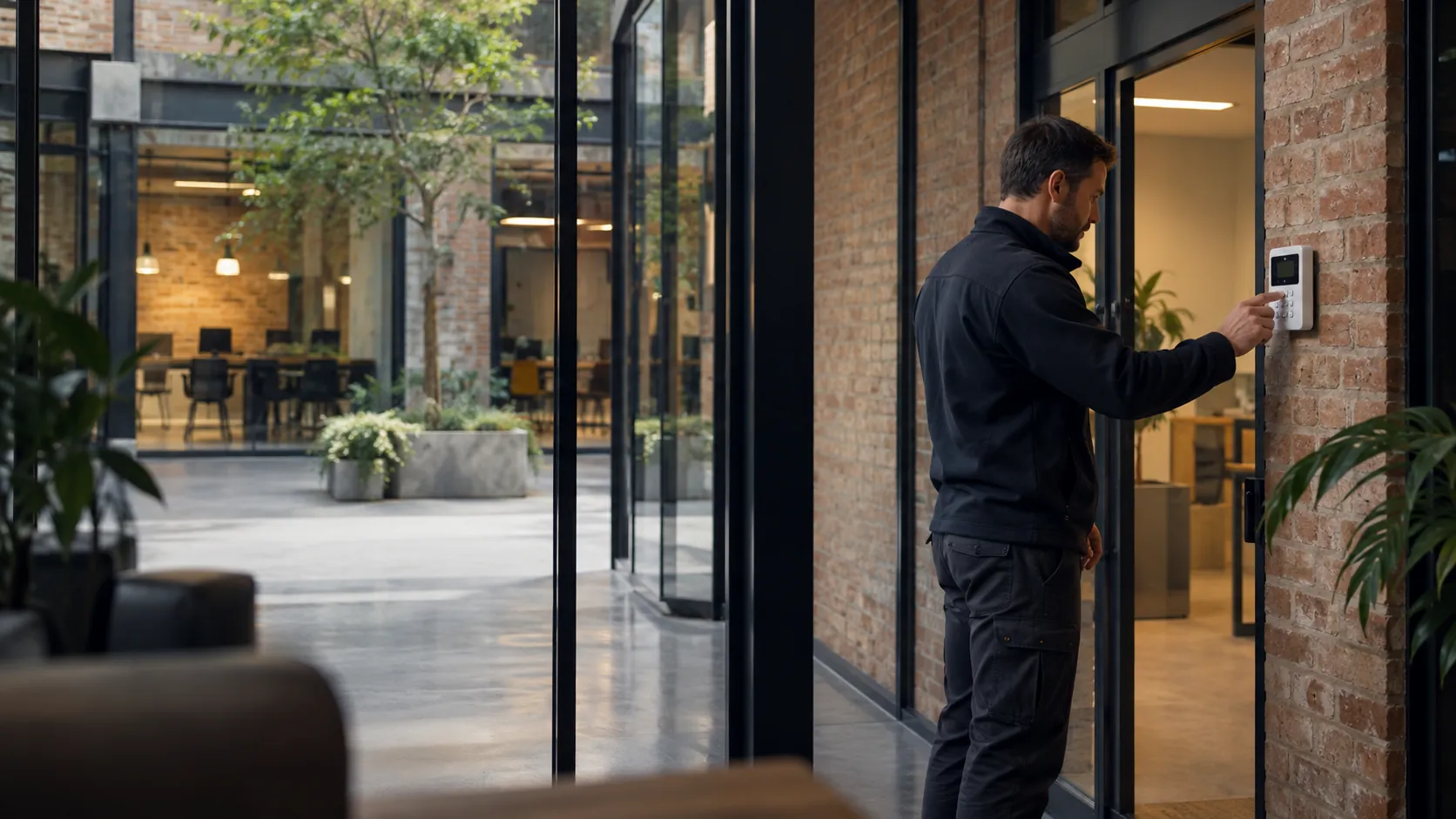 Engineer testing an intruder-alarm keypad mounted beside a commercial staff doorway in a light industrial office with warm brick and planted court