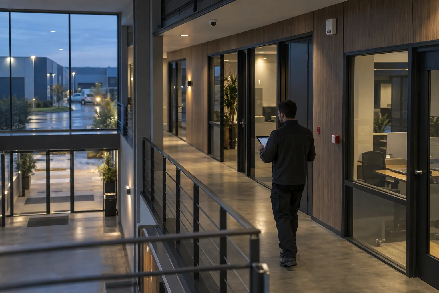 A technician surveying a commercial corridor with a wireless tablet in a commercial environment