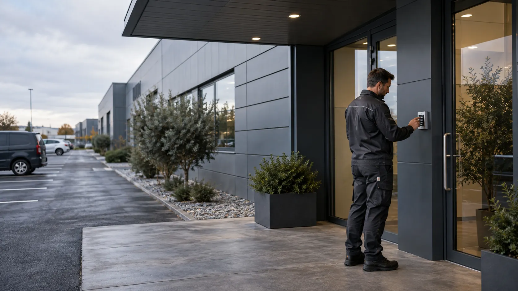 Engineer testing an intruder-alarm keypad mounted beside a commercial staff doorway in a low-rise industrial business park with grey zinc facade