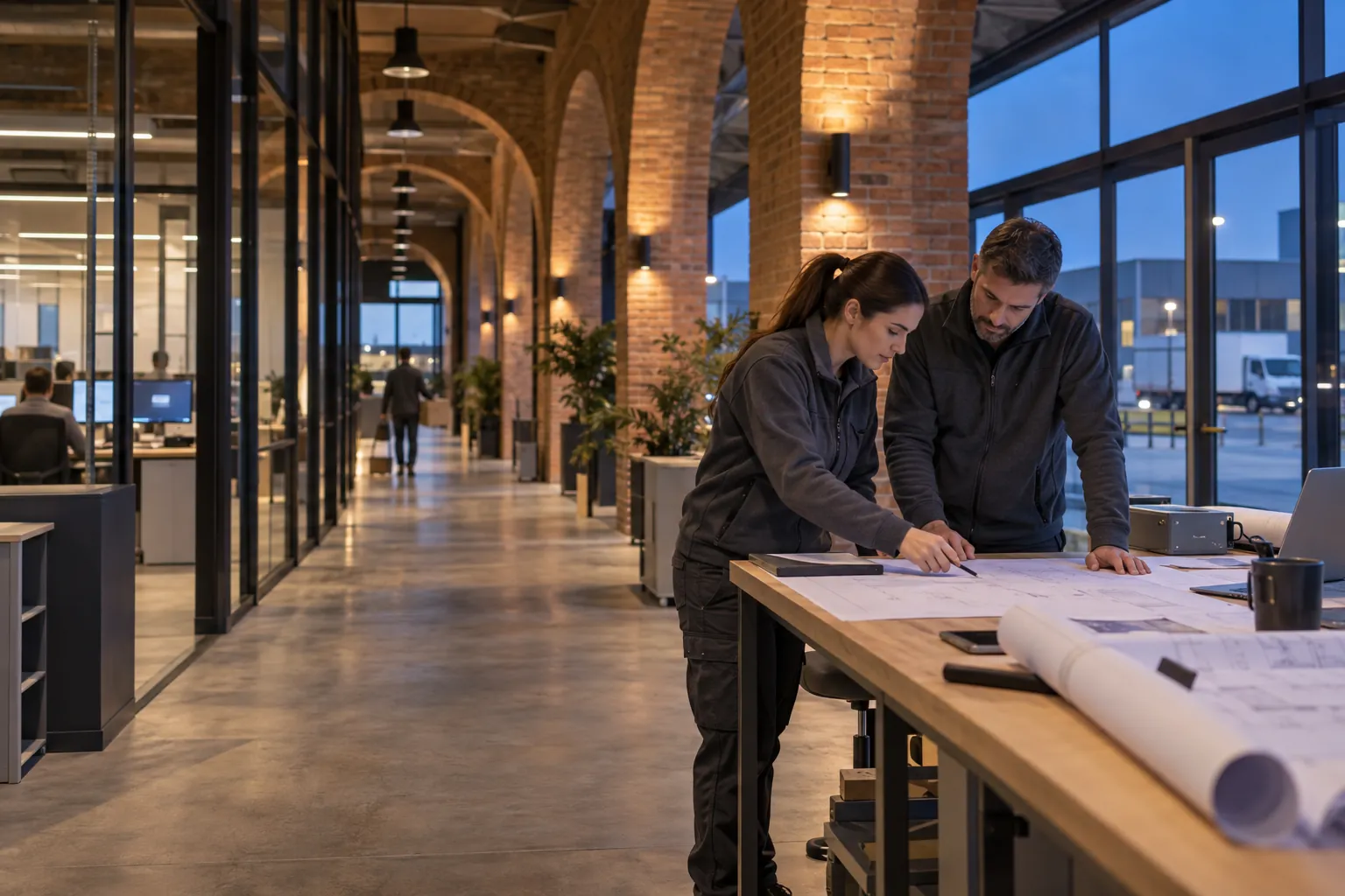 Two engineers reviewing an unlettered technical layout at a workbench in a commercial environment