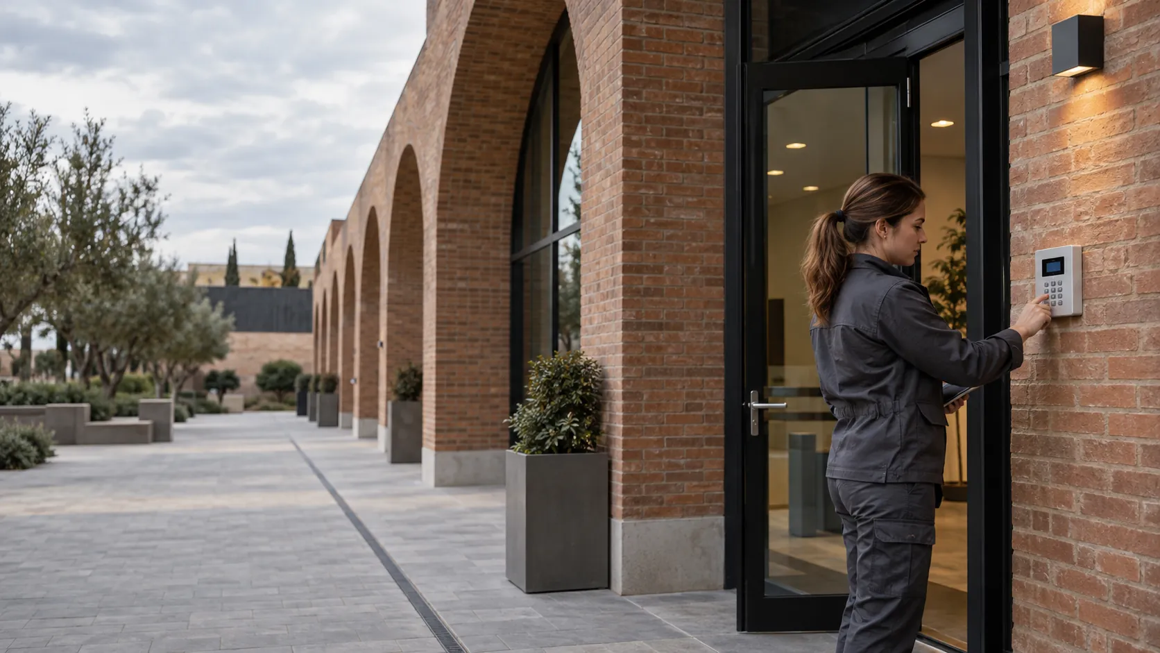 Engineer testing an intruder-alarm keypad mounted beside a commercial staff doorway in a modern logistics administration building with deep brick arches