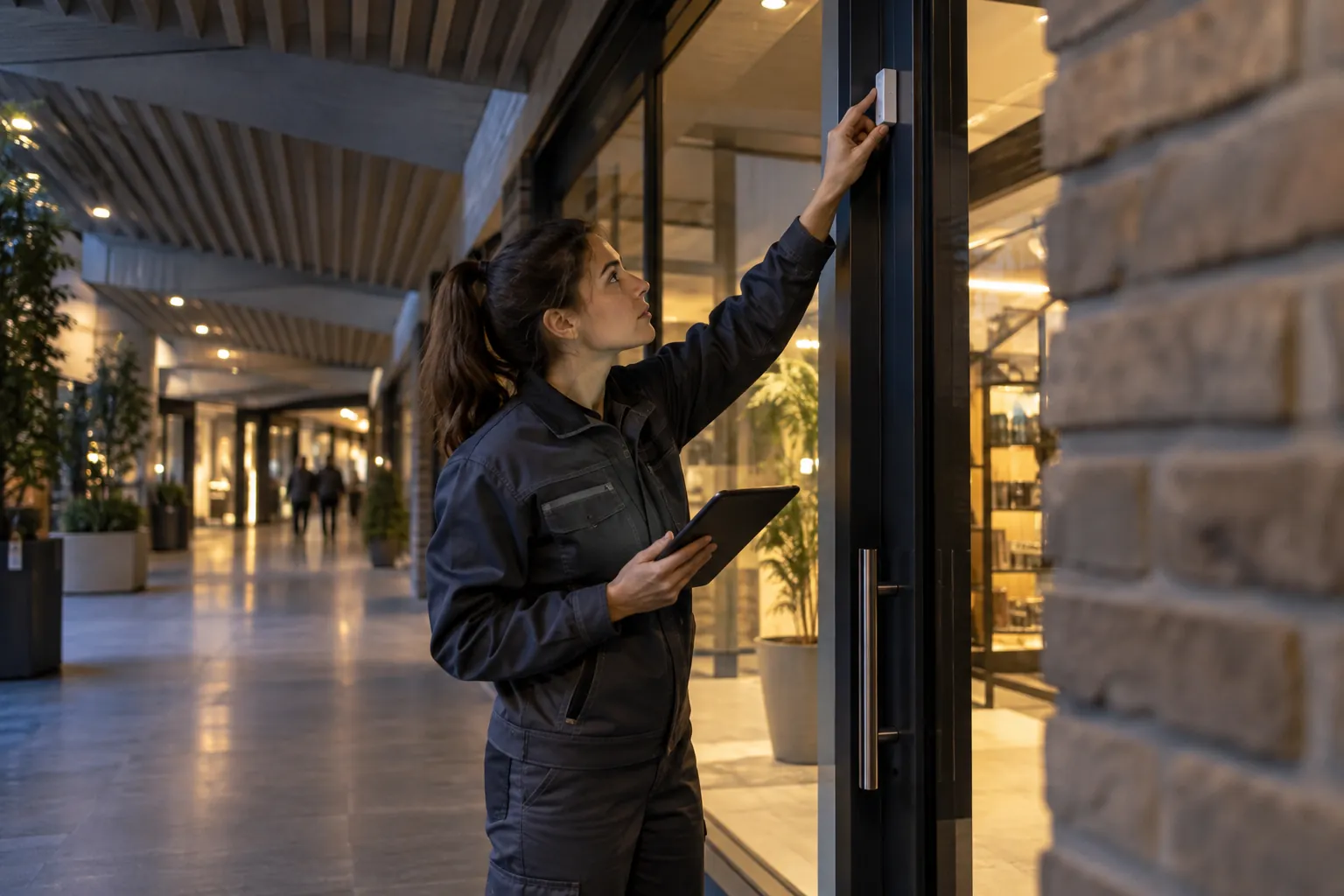 An engineer inspecting a discreet alarm door-contact from ground level in a commercial environment
