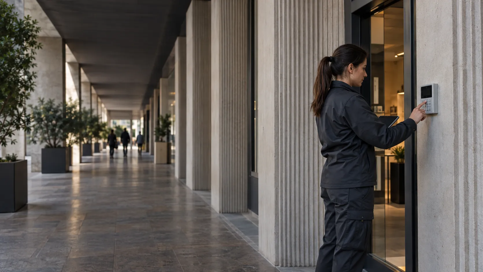 Engineer testing an intruder-alarm keypad mounted beside a commercial staff doorway in a urban commercial arcade with ribbed concrete