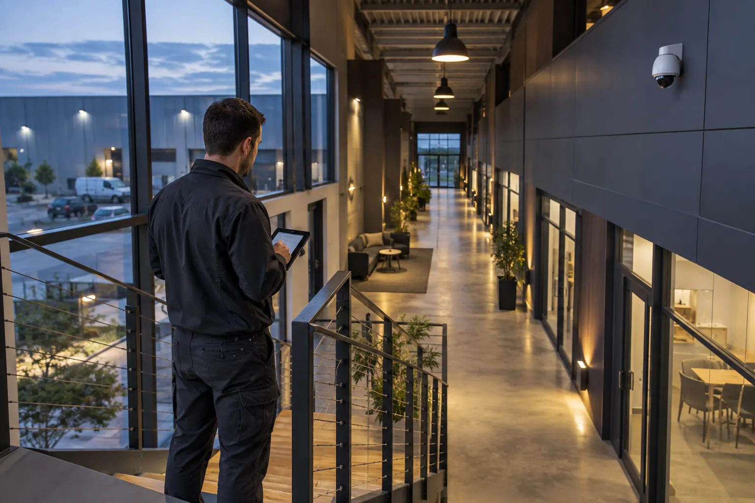 A technician surveying a commercial corridor with a wireless tablet in a commercial environment