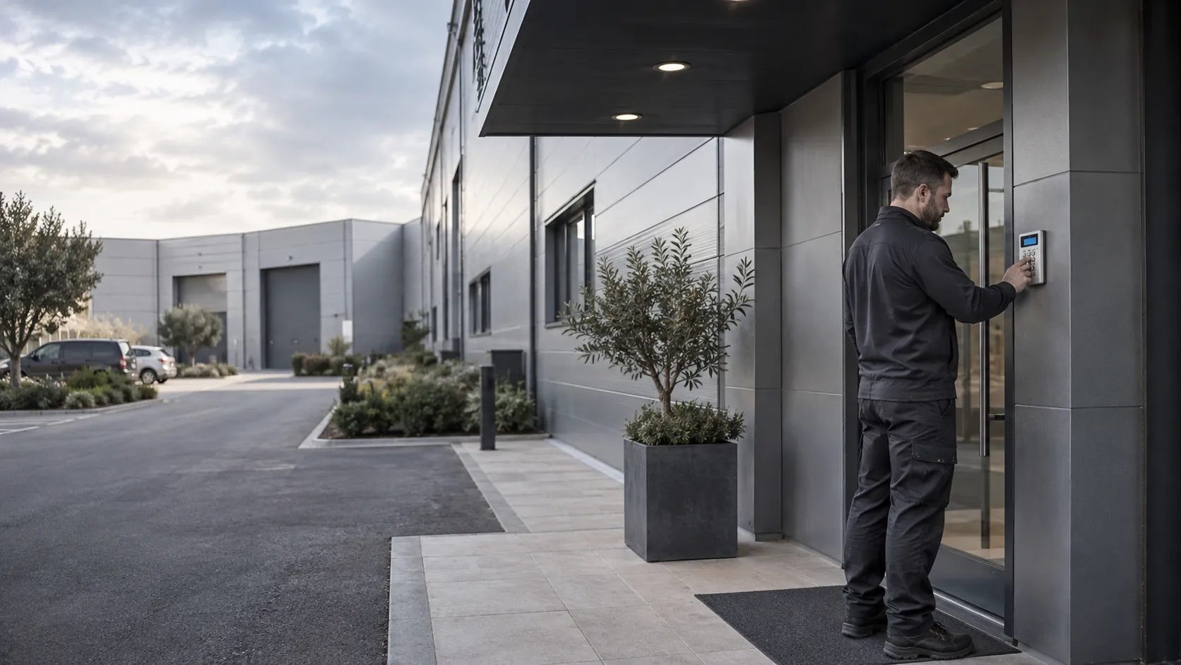 Engineer testing an intruder-alarm keypad mounted beside a commercial staff doorway in a low-rise industrial business park with grey zinc facade