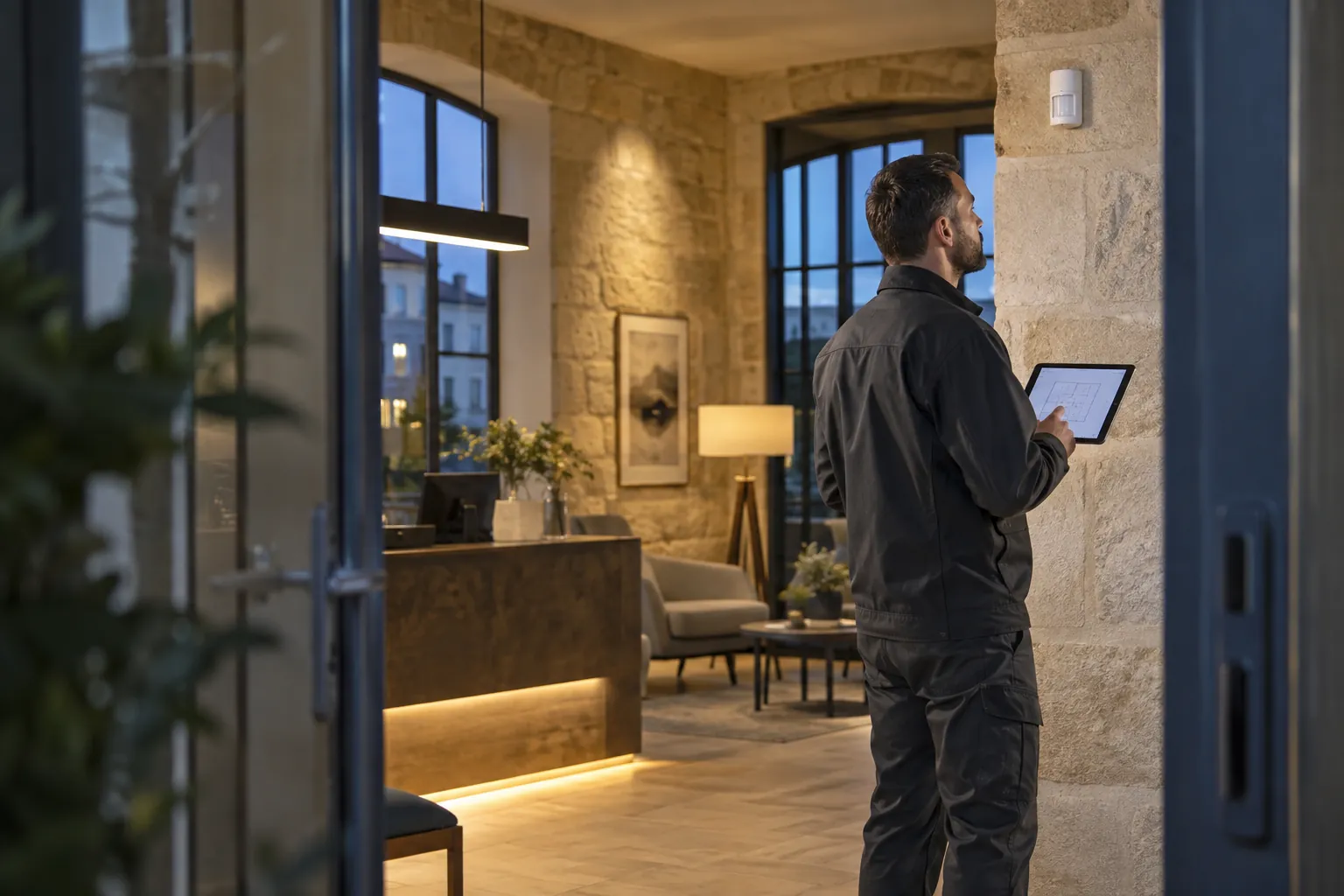 An engineer examining the final device layout on a wireless tablet in a commercial environment