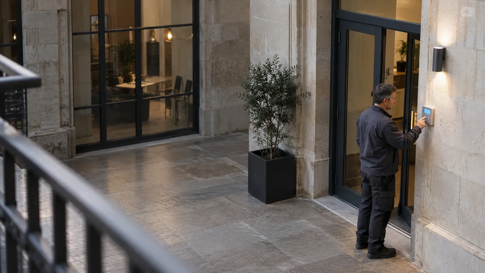 Engineer testing an intruder-alarm keypad mounted beside a commercial staff doorway in a converted European commercial building with stone reveals