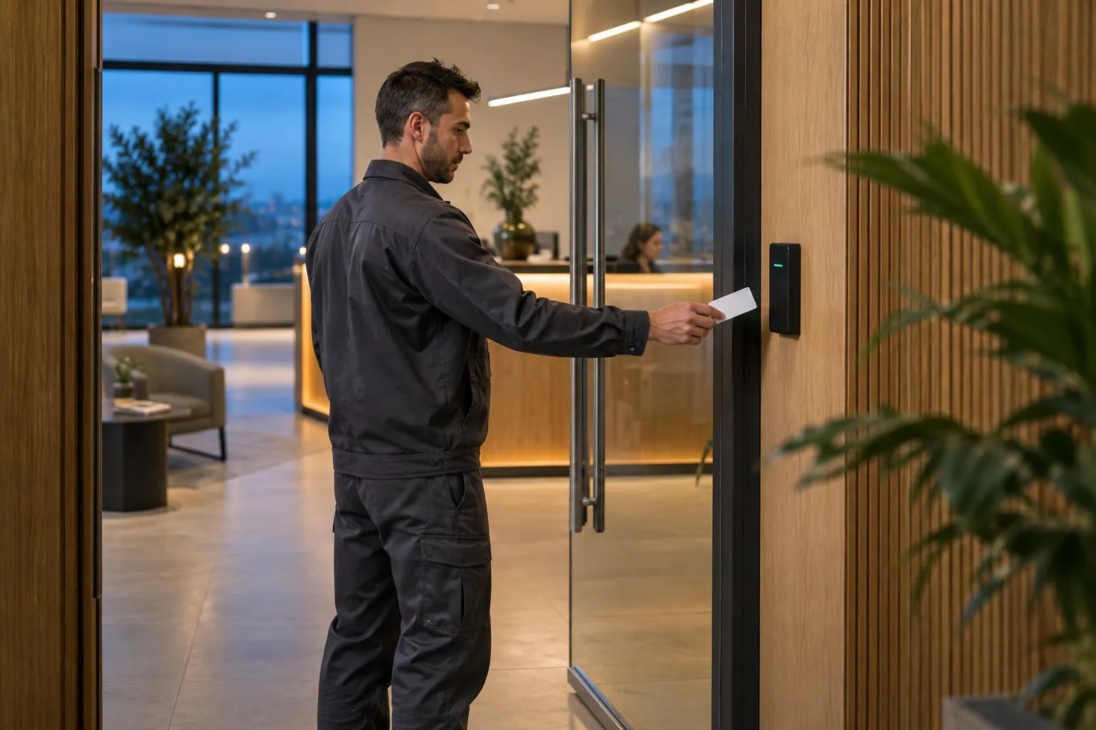 A facilities representative testing a controlled door with a plain access card in a commercial environment