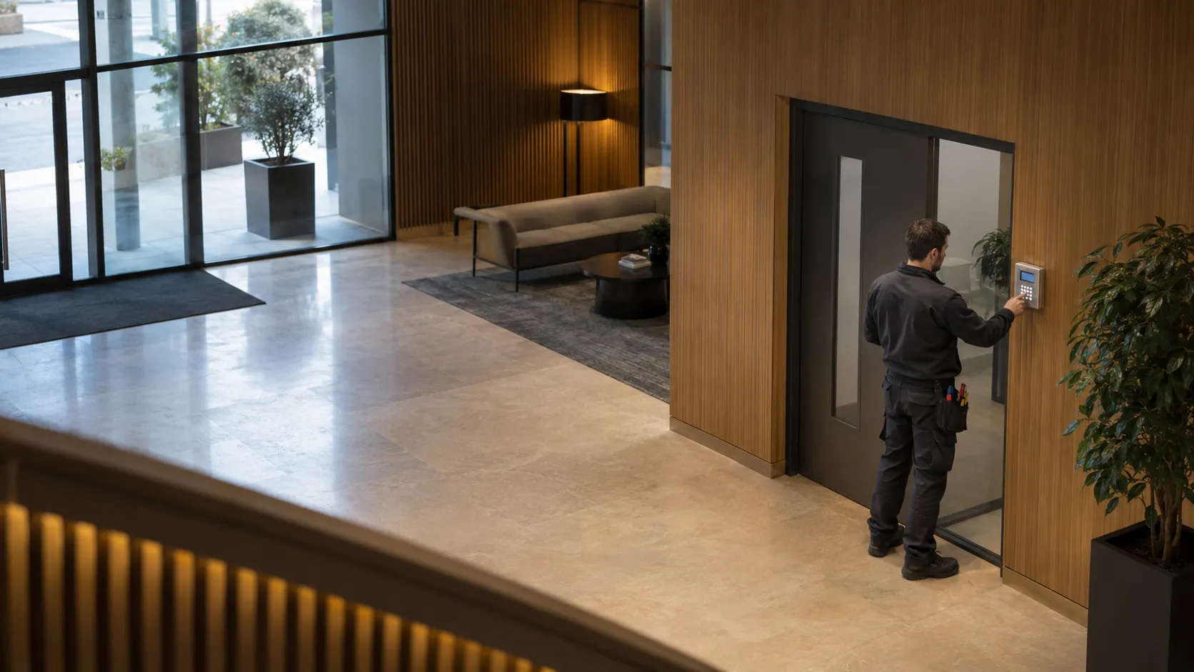 Engineer testing an intruder-alarm keypad mounted beside a commercial staff doorway in a contemporary timber-lined office entrance