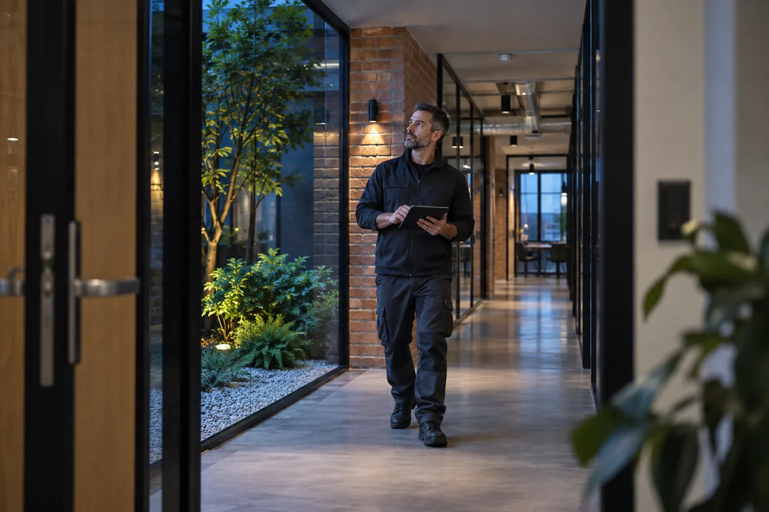 A technician surveying a commercial corridor with a wireless tablet in a commercial environment