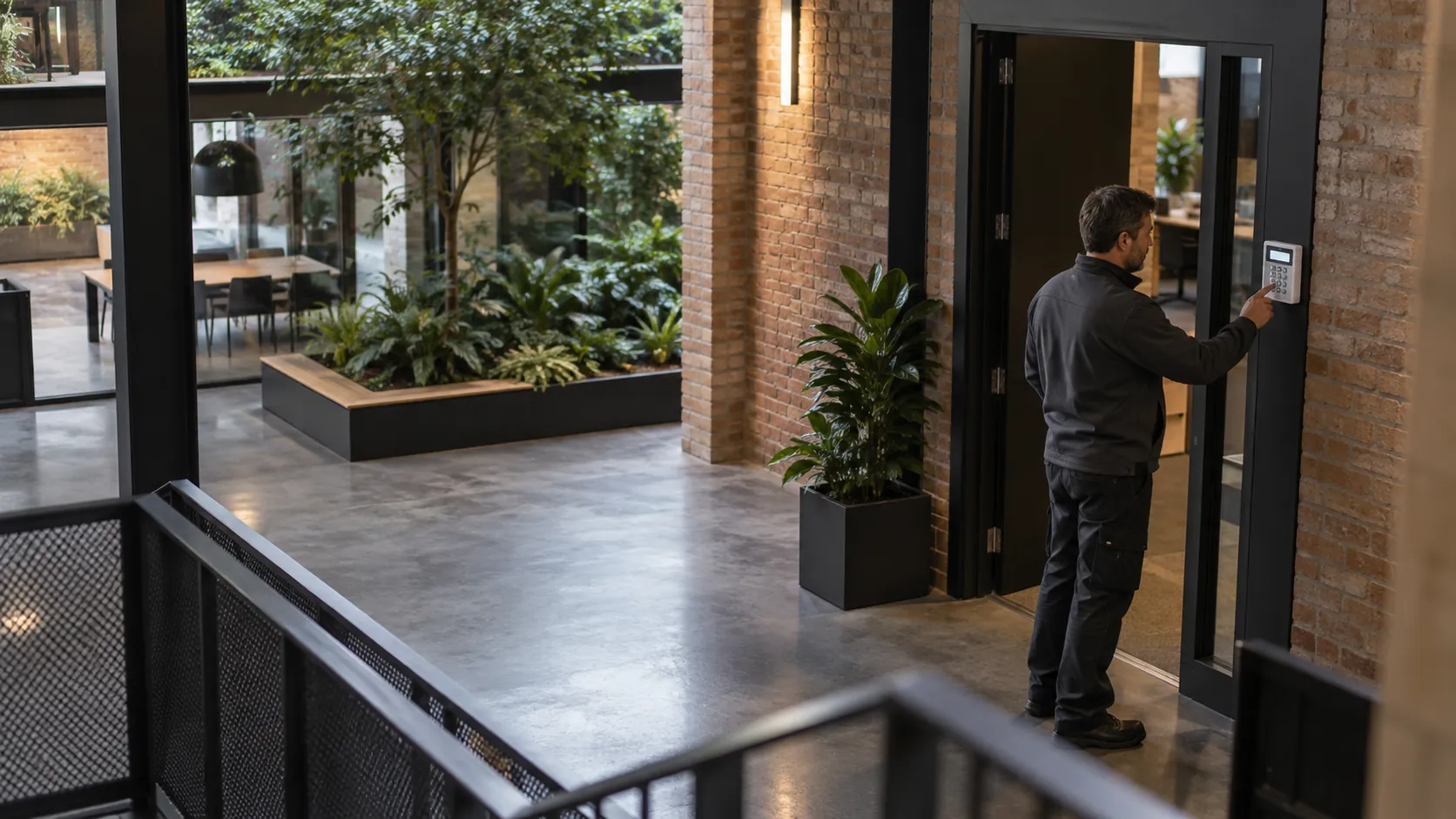 Engineer testing an intruder-alarm keypad mounted beside a commercial staff doorway in a light industrial office with warm brick and planted court