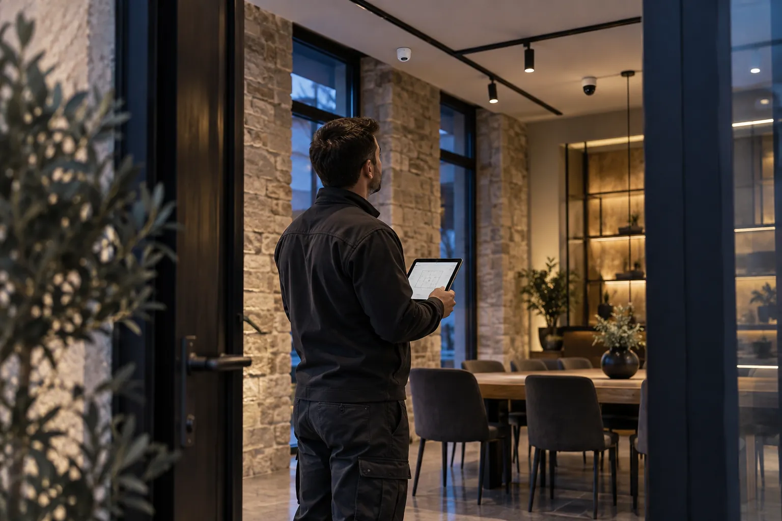 An engineer examining the final device layout on a wireless tablet in a commercial environment