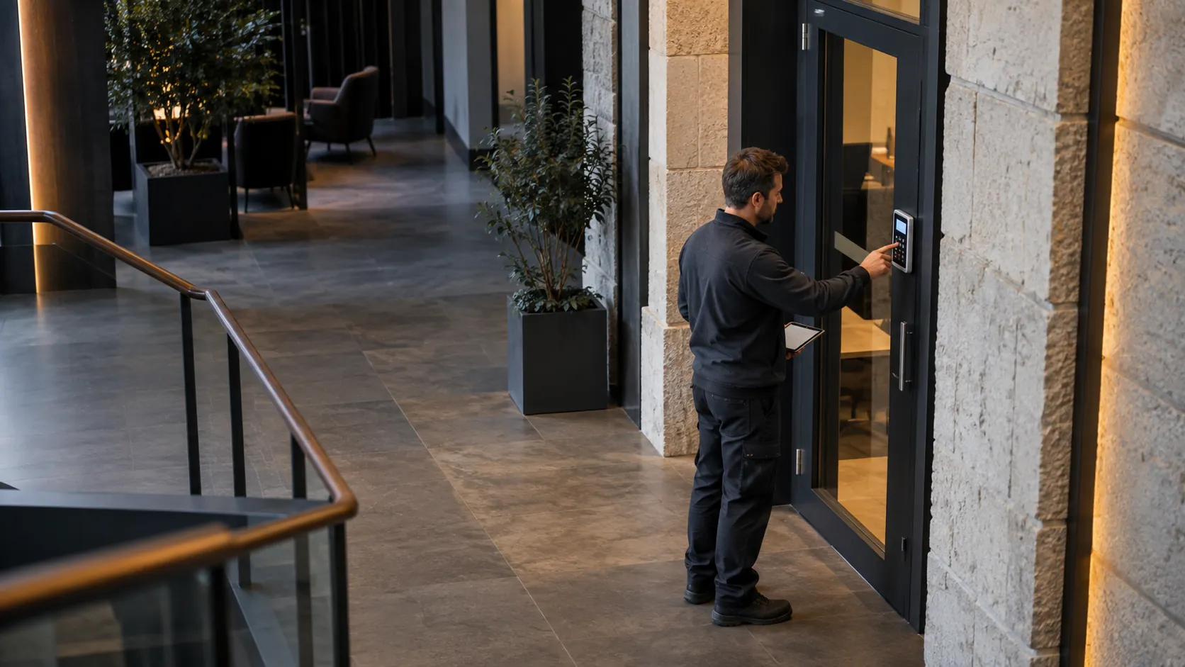 Engineer testing an intruder-alarm keypad mounted beside a commercial staff doorway in a converted European commercial building with stone reveals