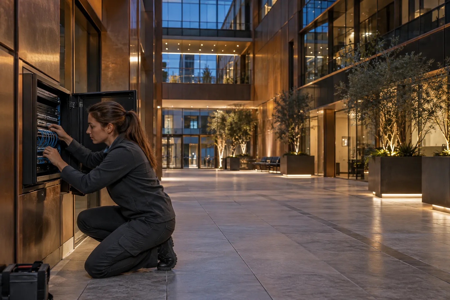 A technician carefully checking a low-voltage network patch connection, natural fingers in a commercial environment