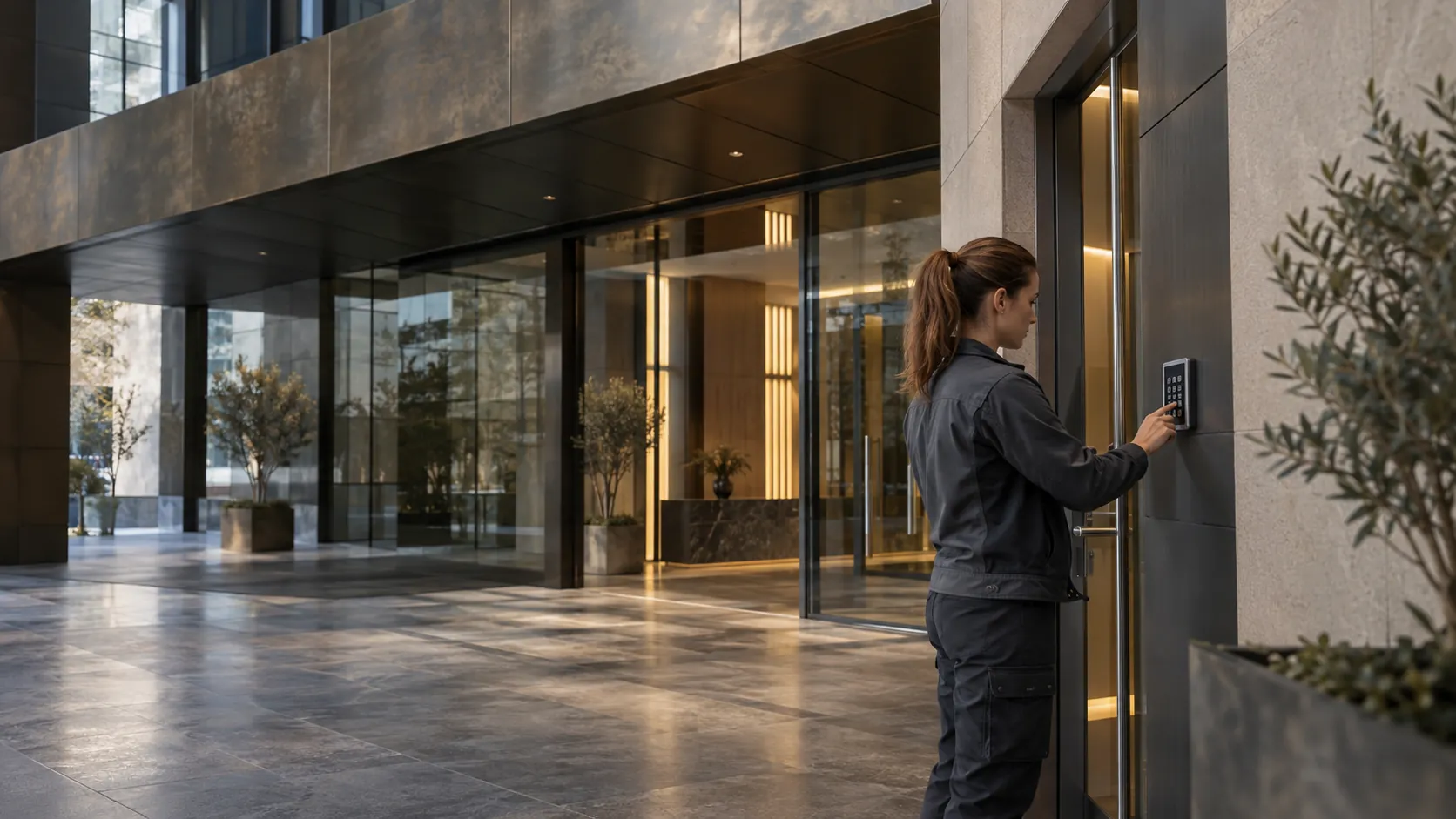 Engineer testing an intruder-alarm keypad mounted beside a commercial staff doorway in a glass and weathered bronze commercial atrium