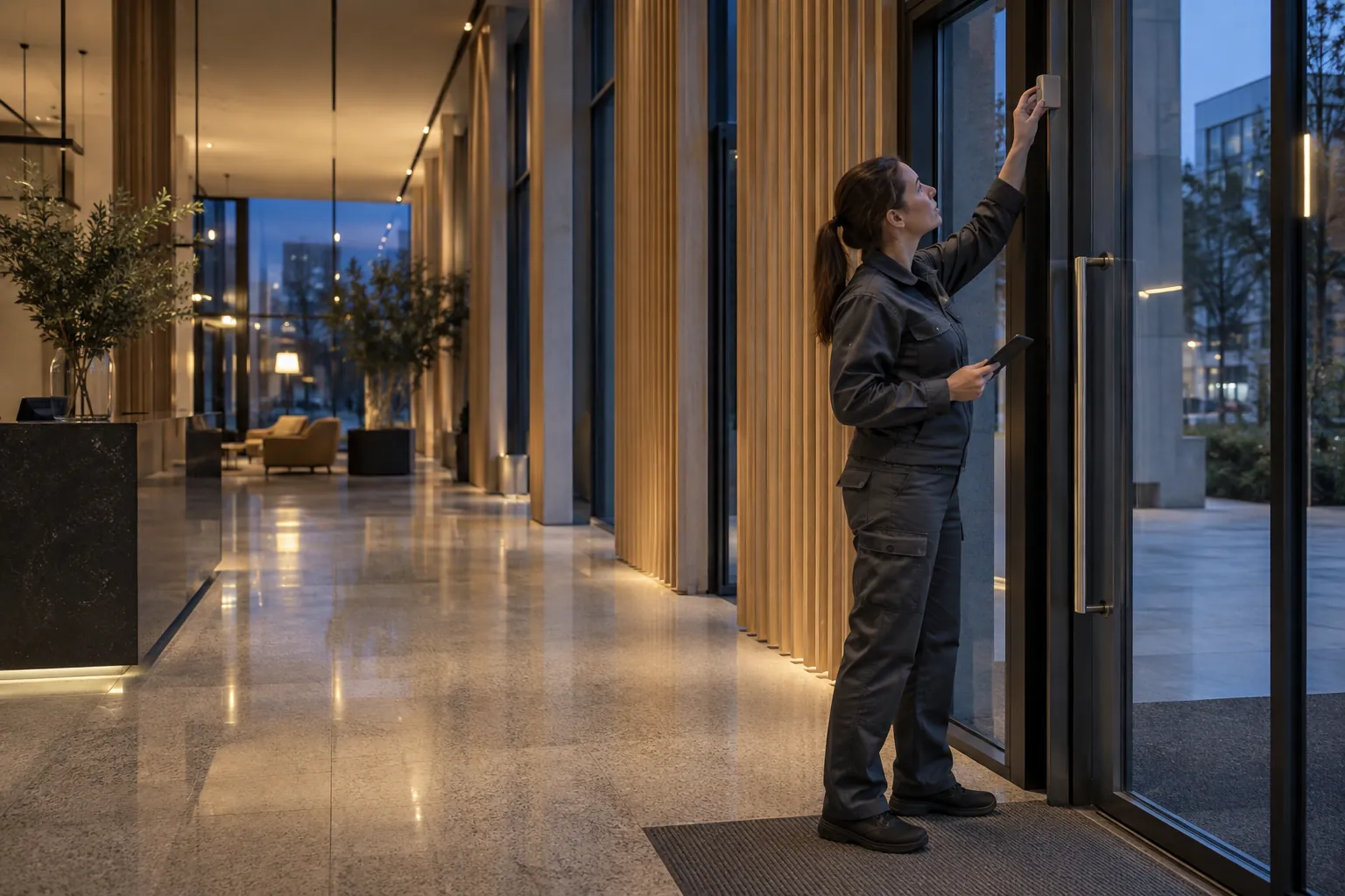 An engineer inspecting a discreet alarm door-contact from ground level in a commercial environment