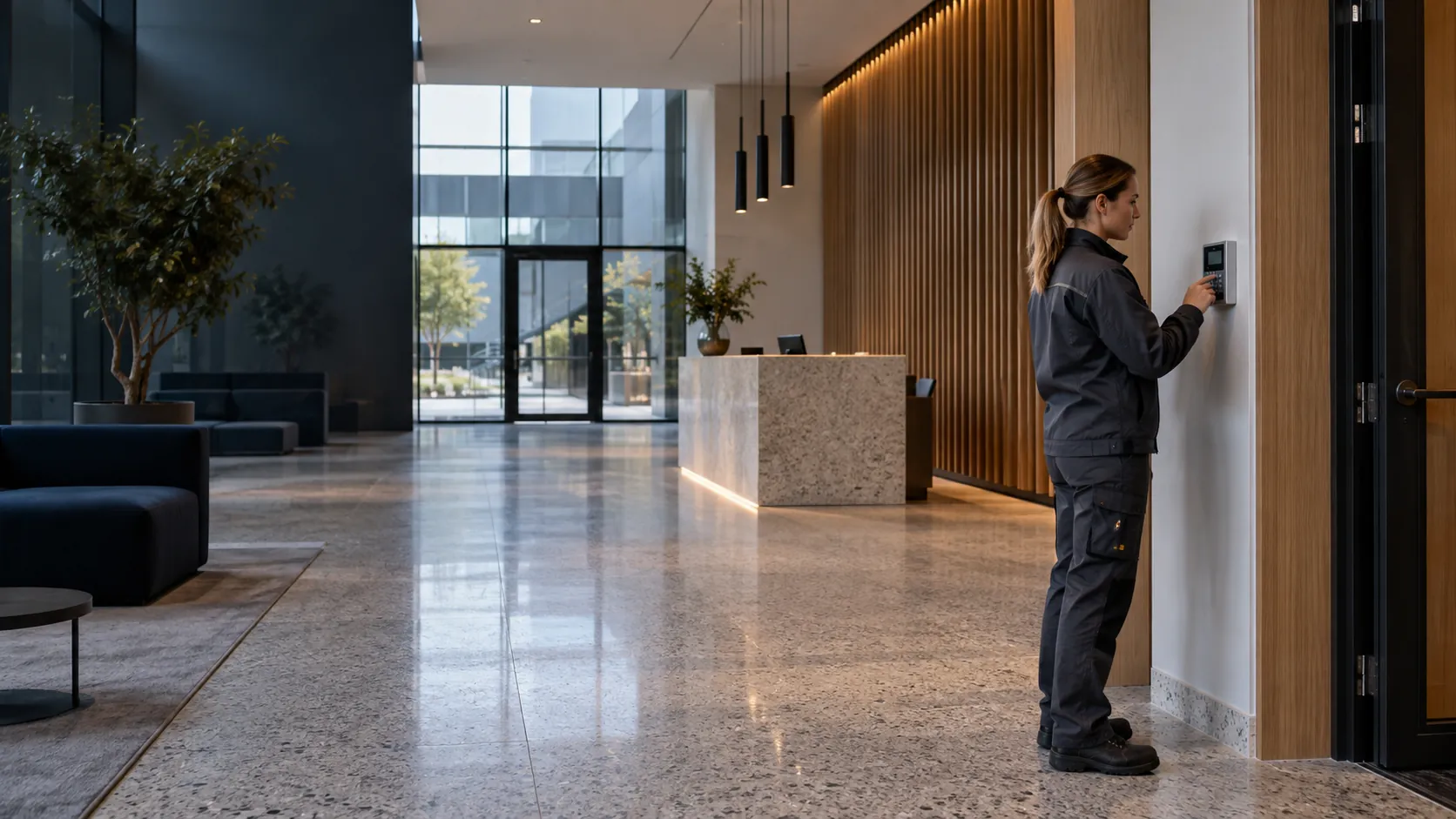 Engineer testing an intruder-alarm keypad mounted beside a commercial staff doorway in a commercial lobby with terrazzo and oak fins
