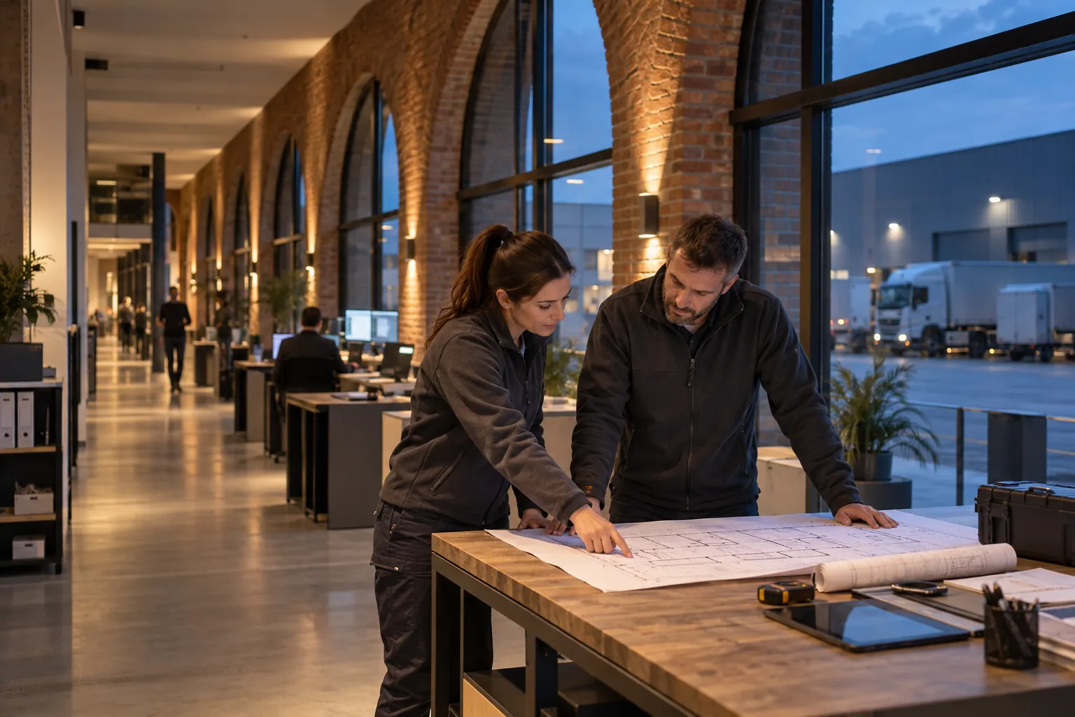Two engineers reviewing an unlettered technical layout at a workbench in a commercial environment