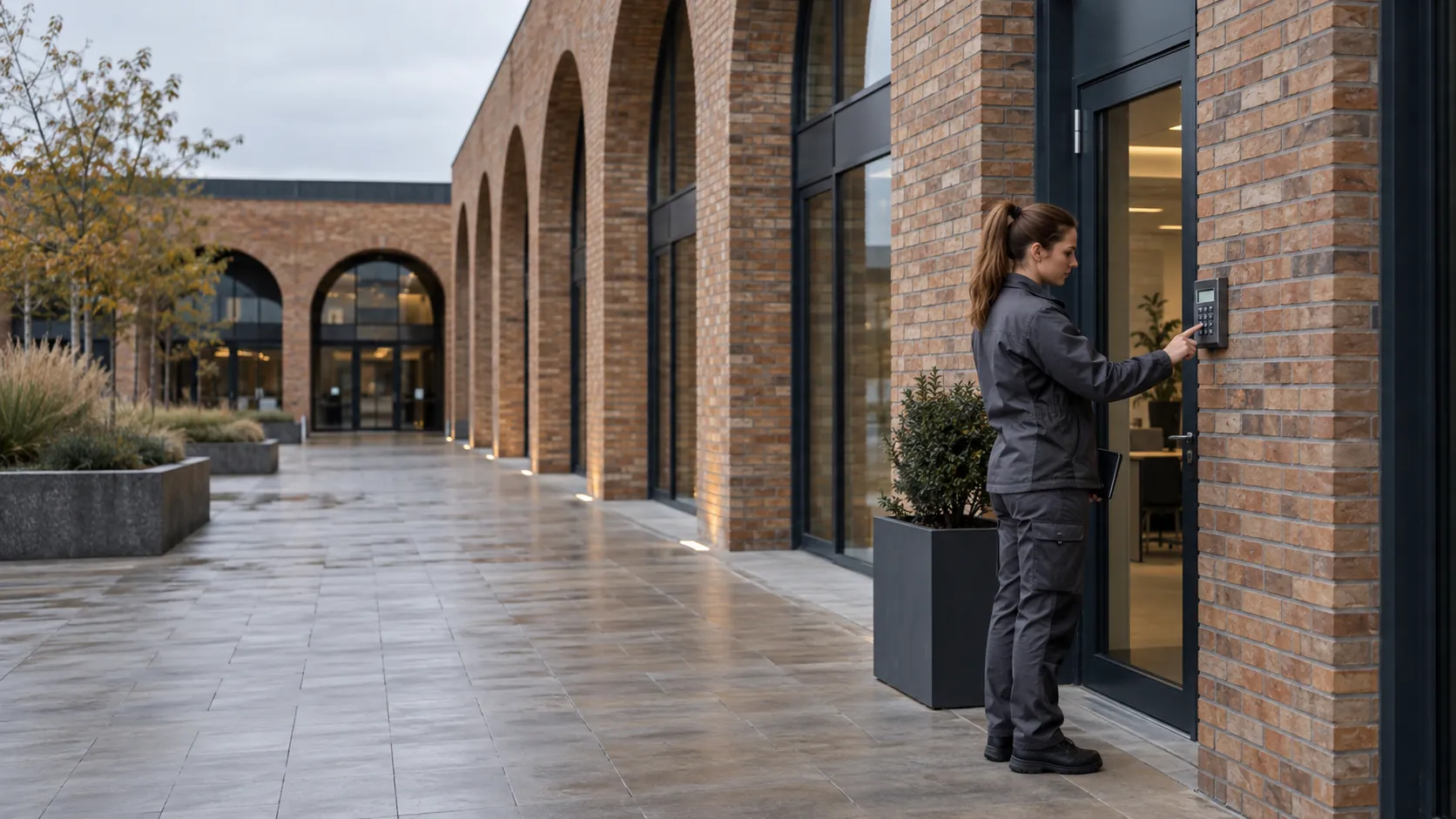 Engineer testing an intruder-alarm keypad mounted beside a commercial staff doorway in a modern logistics administration building with deep brick arches
