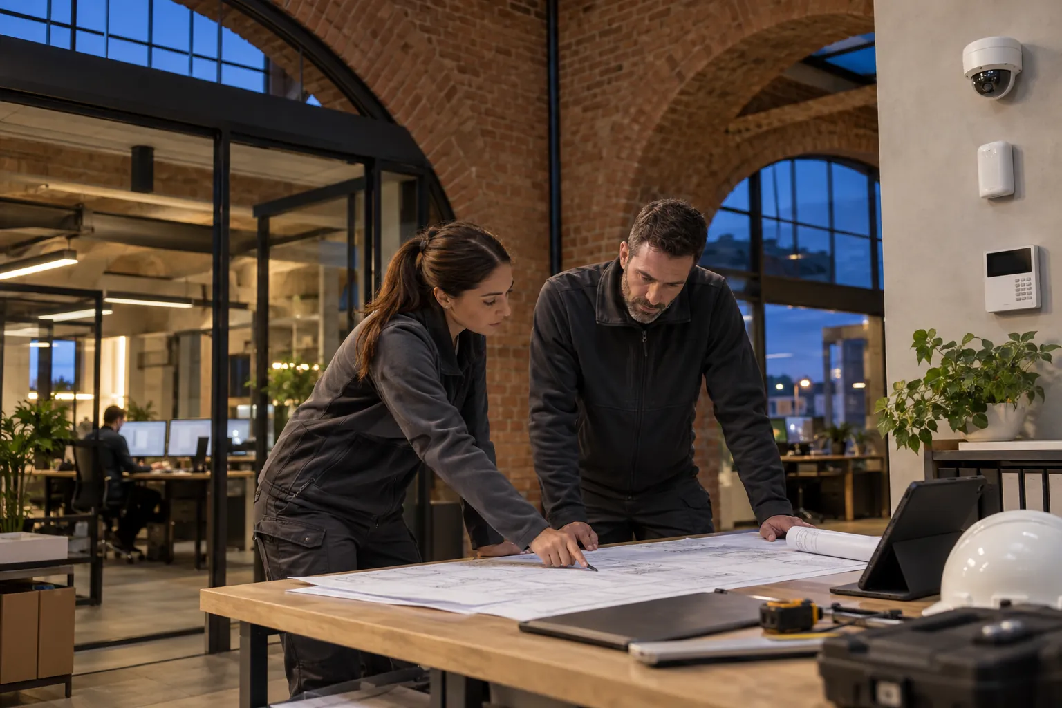 Two engineers reviewing an unlettered technical layout at a workbench in a commercial environment