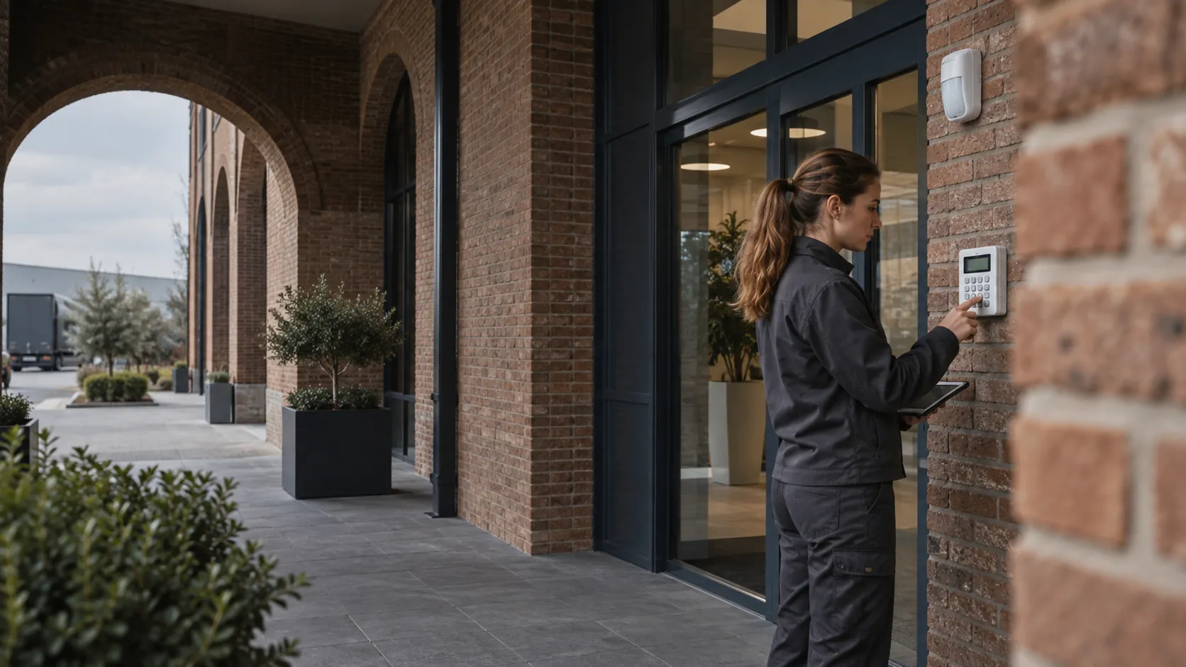 Engineer testing an intruder-alarm keypad mounted beside a commercial staff doorway in a modern logistics administration building with deep brick arches