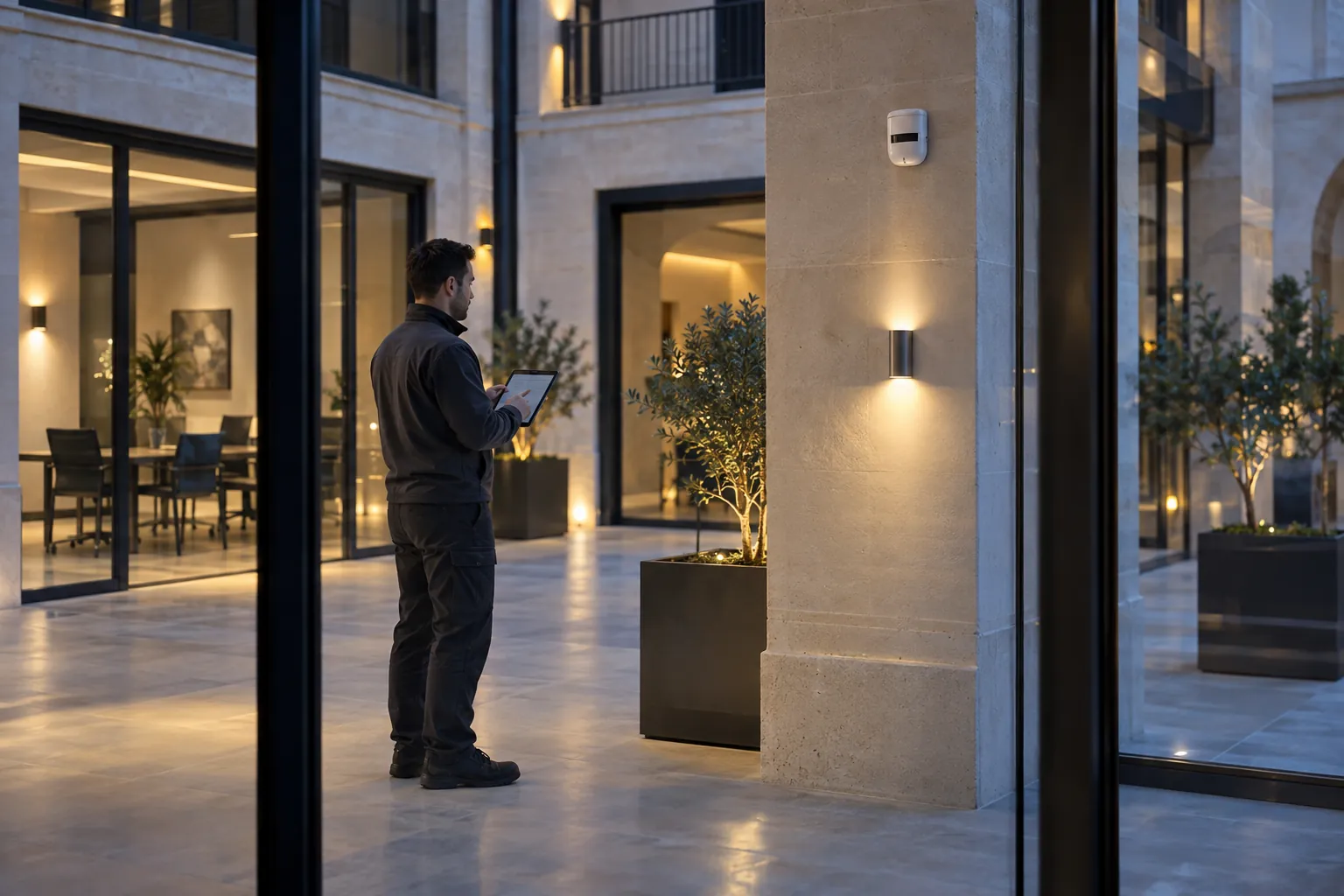 An engineer examining the final device layout on a wireless tablet in a commercial environment