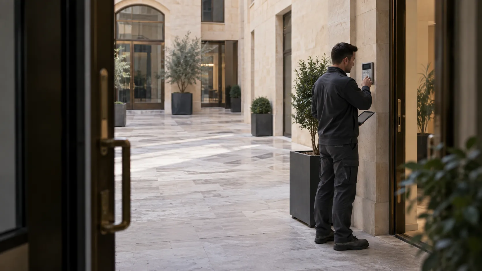 Engineer testing an intruder-alarm keypad mounted beside a commercial staff doorway in a pale limestone commercial courtyard with bronze frames