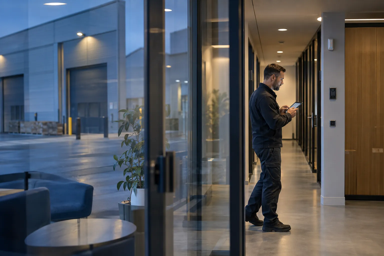 A technician surveying a commercial corridor with a wireless tablet in a commercial environment