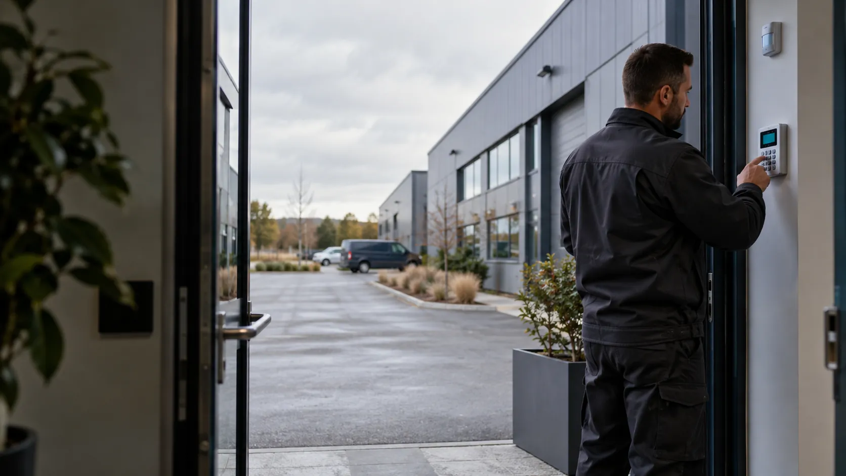 Engineer testing an intruder-alarm keypad mounted beside a commercial staff doorway in a low-rise industrial business park with grey zinc facade