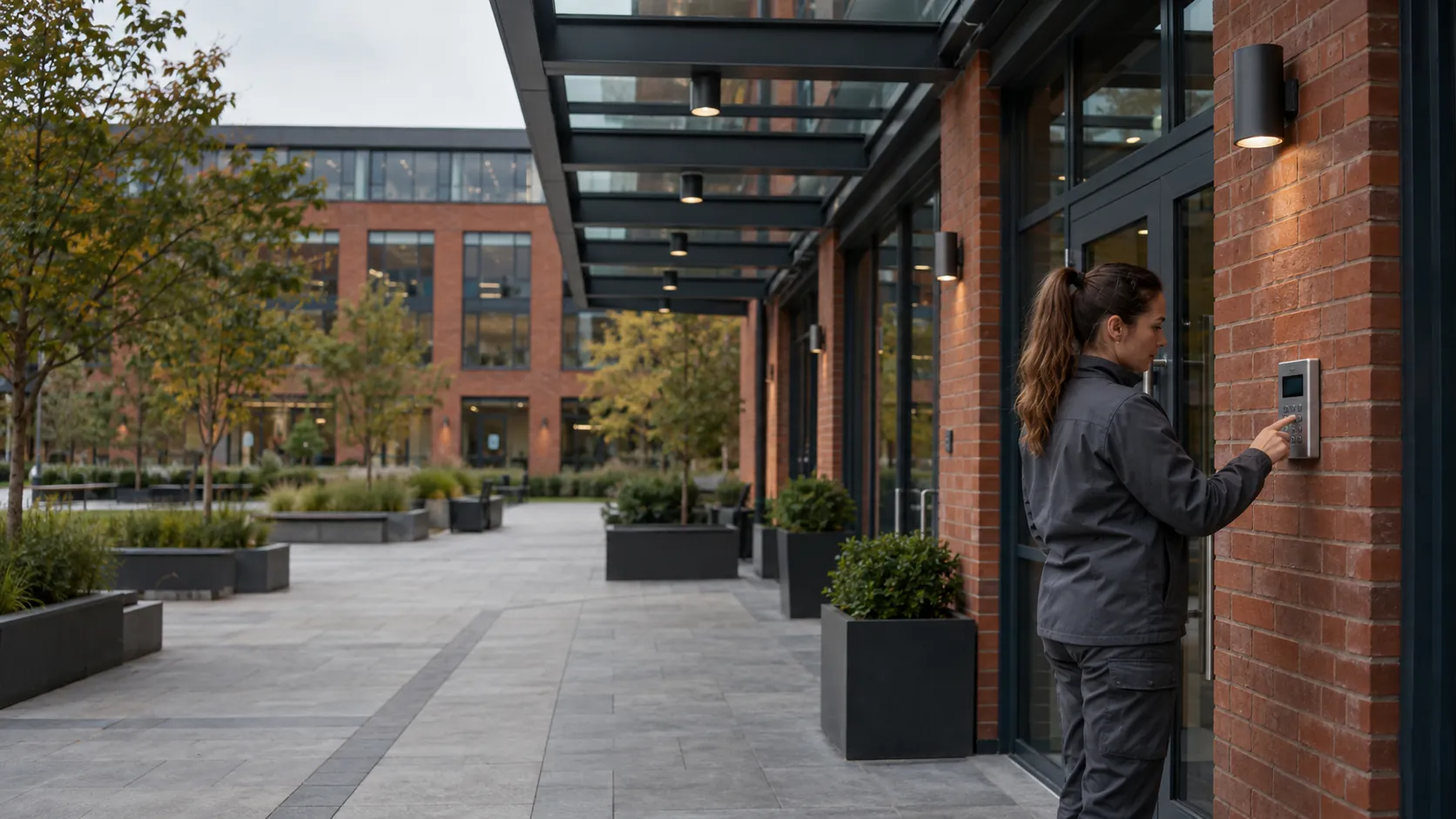 Engineer testing an intruder-alarm keypad mounted beside a commercial staff doorway in a red-brick business campus with steel canopy