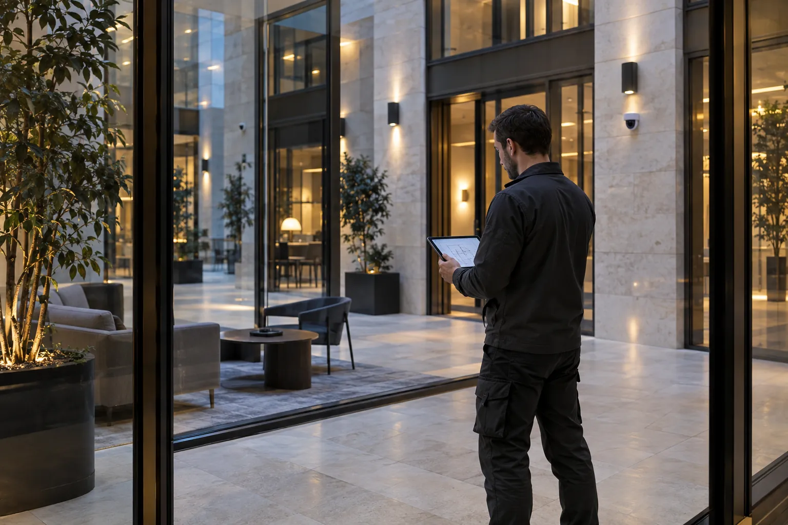 An engineer examining the final device layout on a wireless tablet in a commercial environment