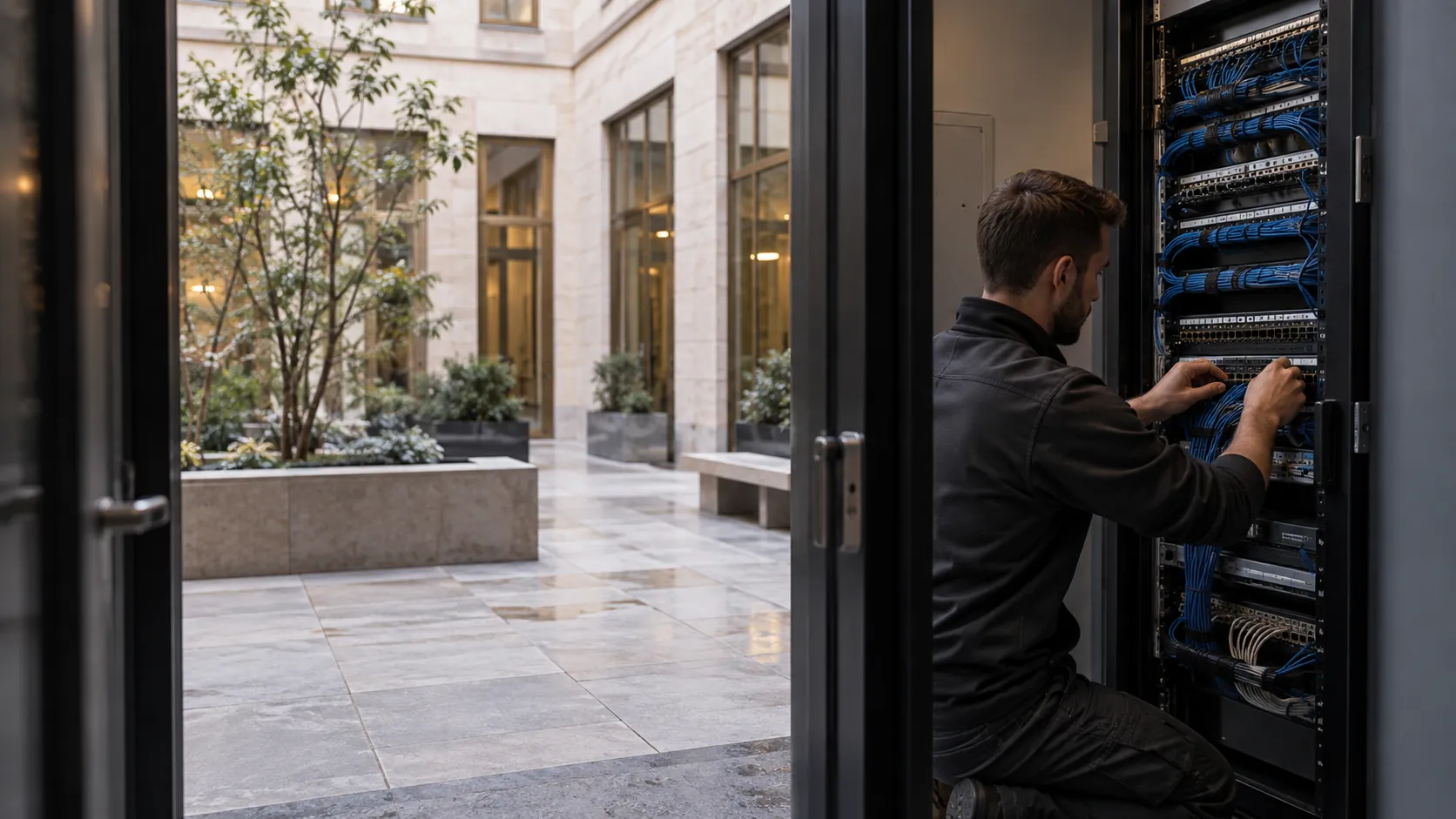 Network technician neatly patching an organised low-voltage data rack, fingers and cables natural, no electrical mains work in a pale limestone commercial courtyard with bronze frames