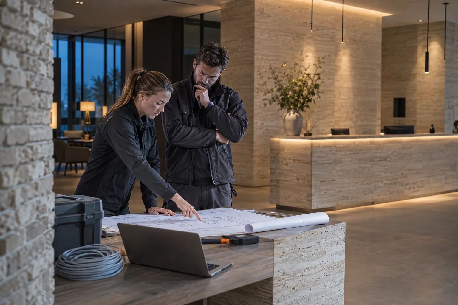 Two engineers reviewing an unlettered technical layout at a workbench in a commercial environment