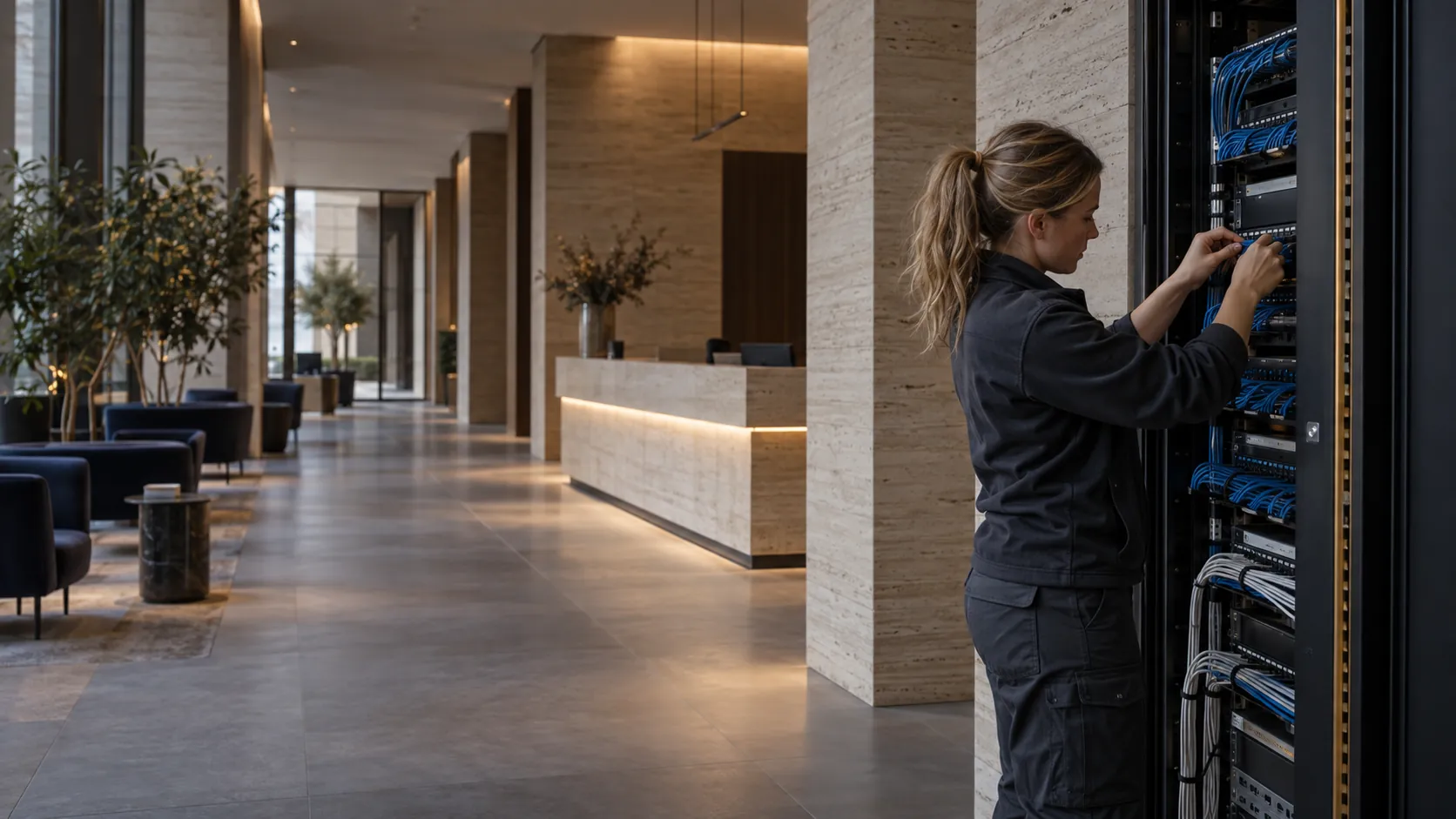 Network technician neatly patching an organised low-voltage data rack, fingers and cables natural, no electrical mains work in a unbranded commercial reception with travertine walls