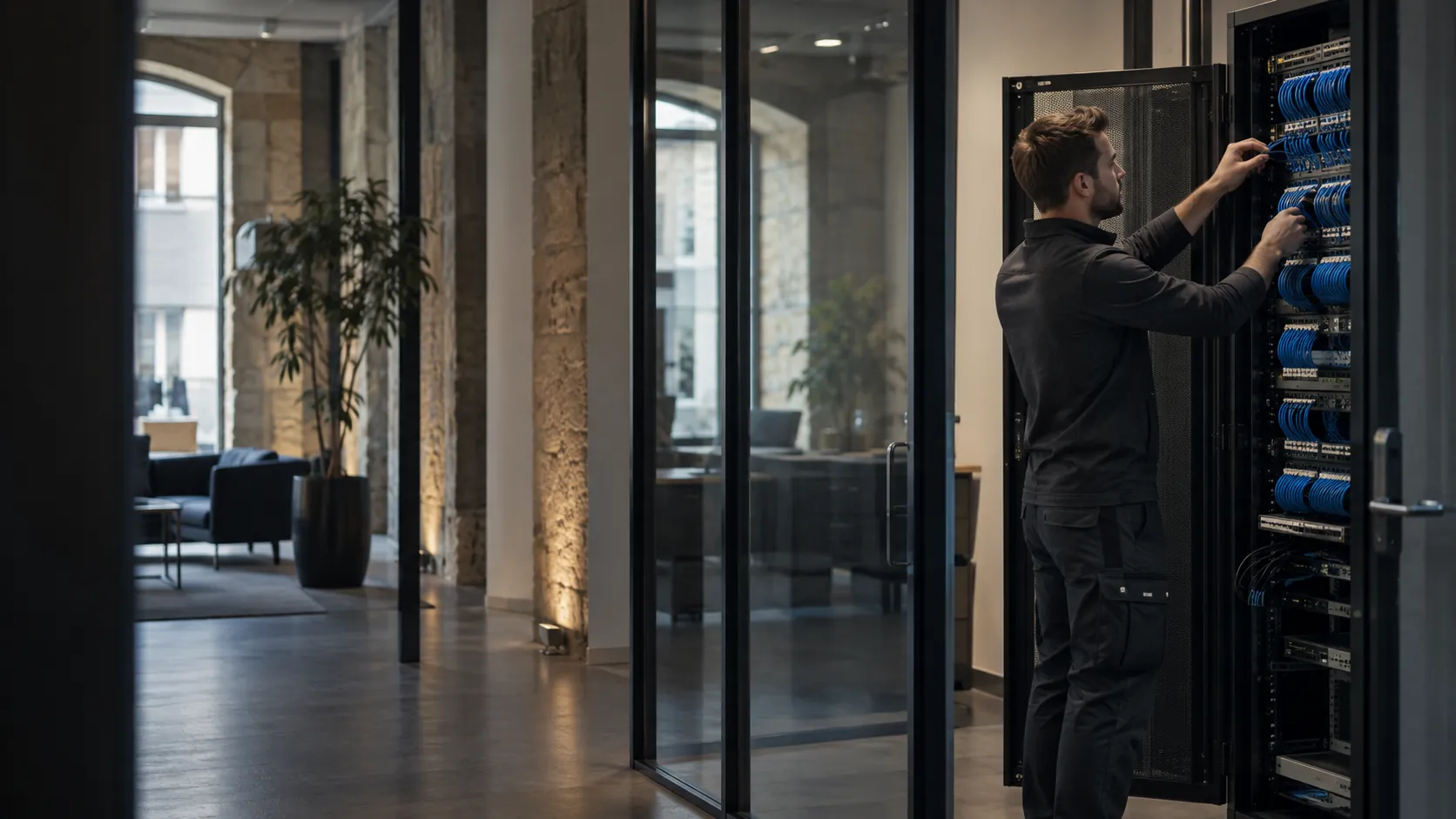 Network technician neatly patching an organised low-voltage data rack, fingers and cables natural, no electrical mains work in a converted European commercial building with stone reveals
