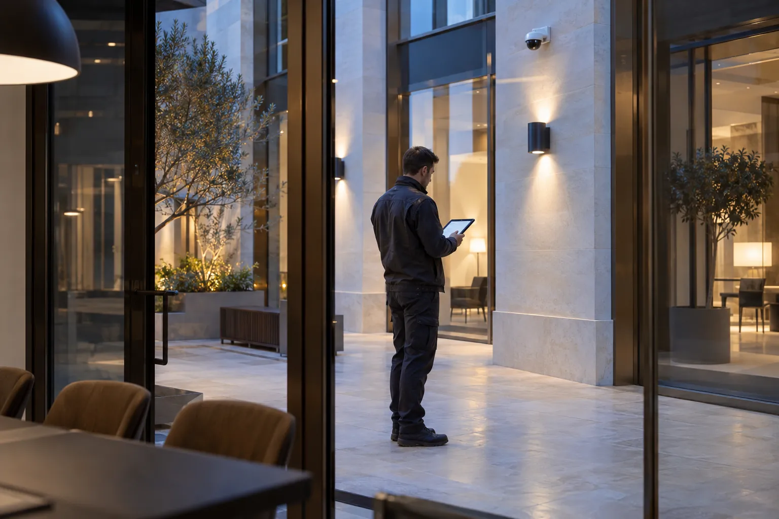 An engineer examining the final device layout on a wireless tablet in a commercial environment