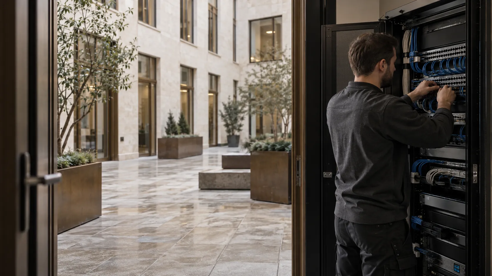 Network technician neatly patching an organised low-voltage data rack, fingers and cables natural, no electrical mains work in a pale limestone commercial courtyard with bronze frames