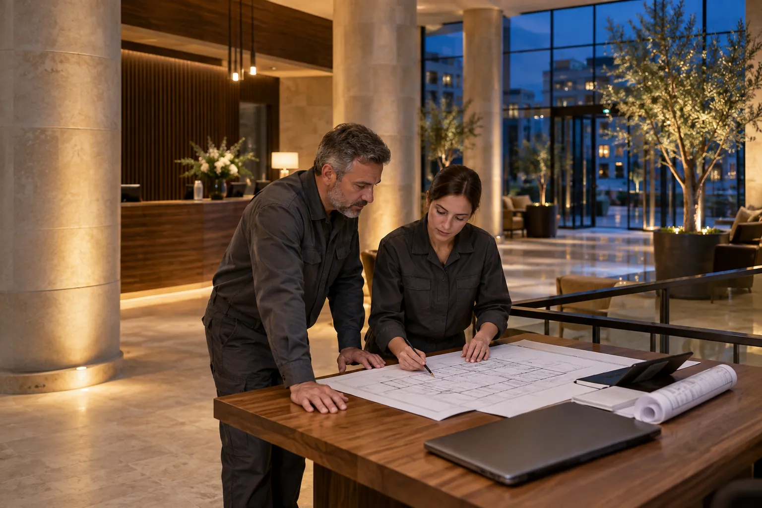Engineer and facilities representative reviewing a security layout