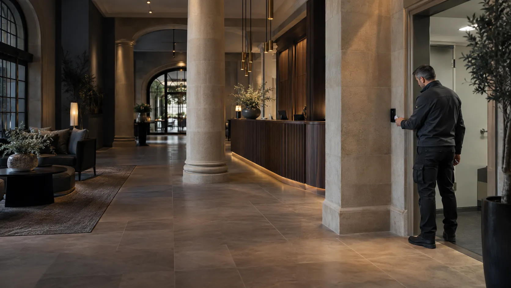 Engineer testing a discreet access reader beside the staff corridor in a boutique hotel arrival hall with limestone columns and walnut reception, no guests visible