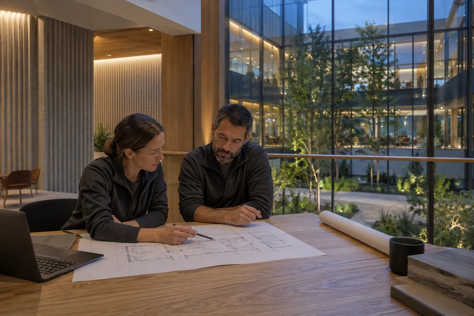 Engineer and facilities representative reviewing a security layout