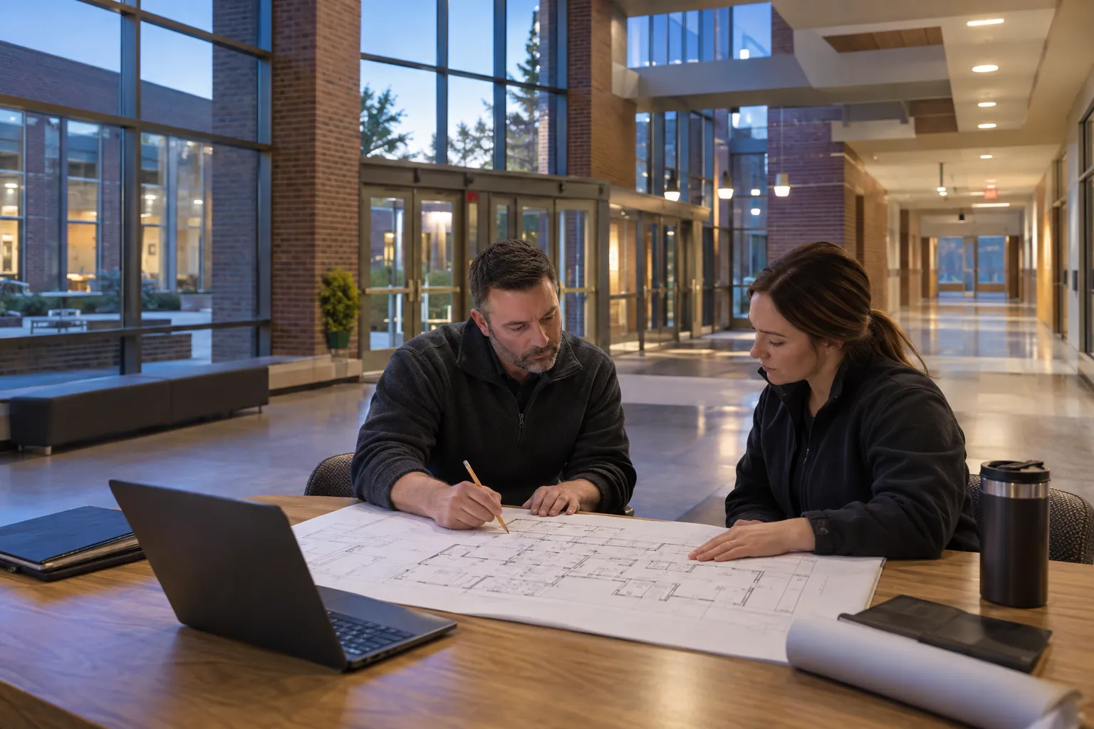 Engineer and facilities representative reviewing a security layout