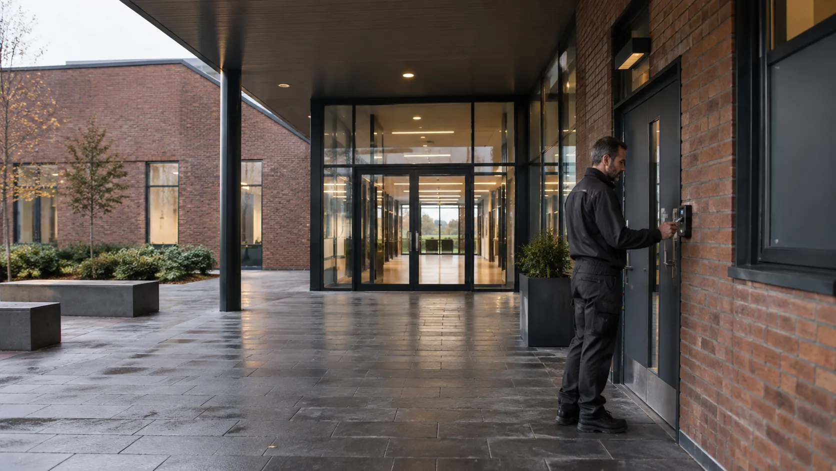 Engineer checking an access-controlled staff door in a empty school entrance with brick architecture and a bright corridor, no children