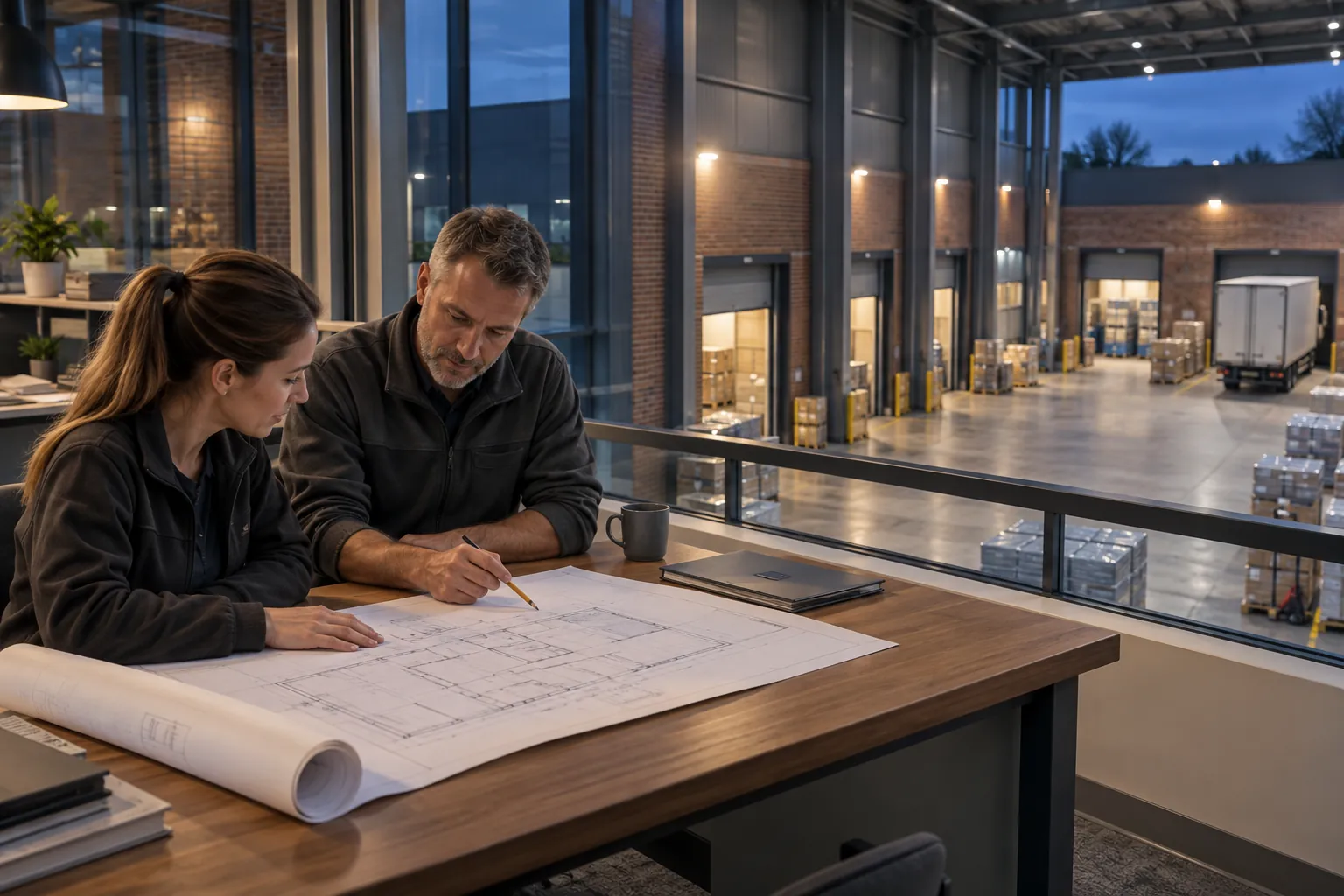 Engineer and facilities representative reviewing a security layout
