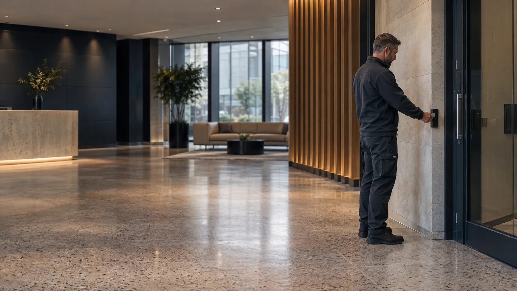 Engineer testing a flush-mounted access reader at a controlled doorway in a commercial lobby with terrazzo and oak fins