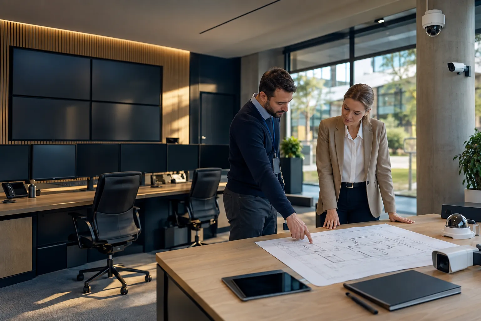 Engineer discussing commercial infrastructure with a facilities representative
