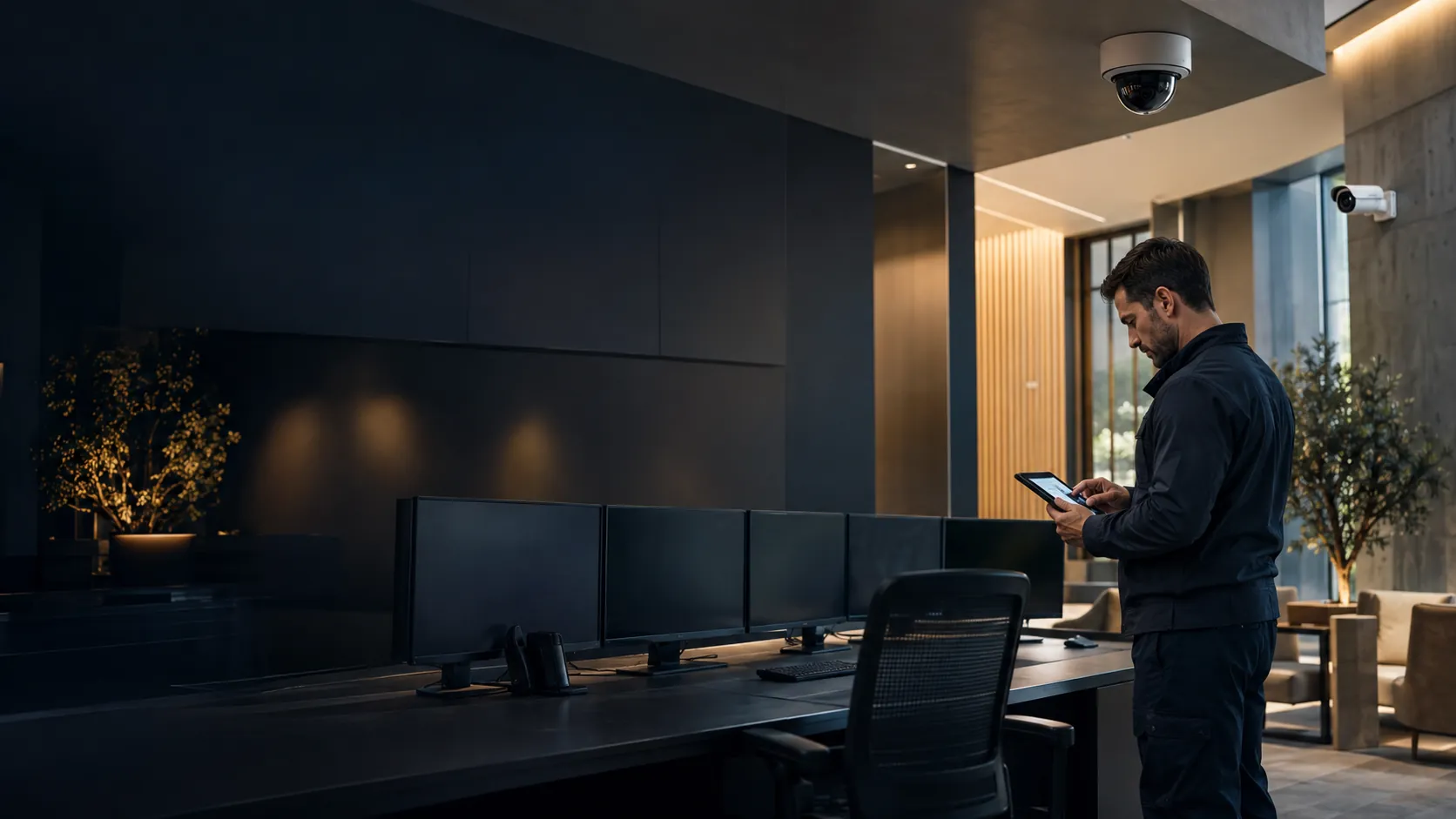 Engineer reviewing integrated security equipment with a wireless tablet, no futuristic graphics