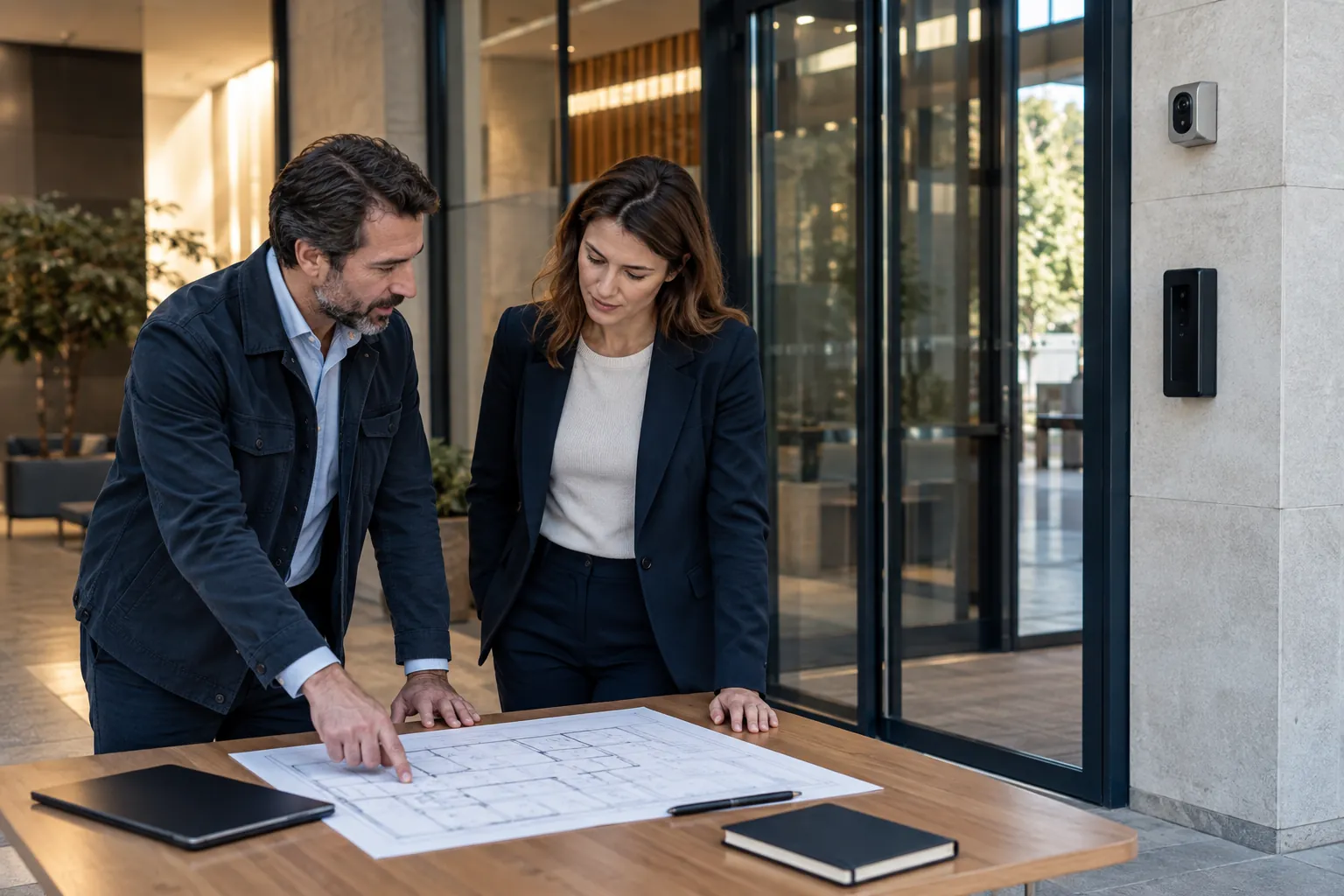 Engineer discussing commercial infrastructure with a facilities representative